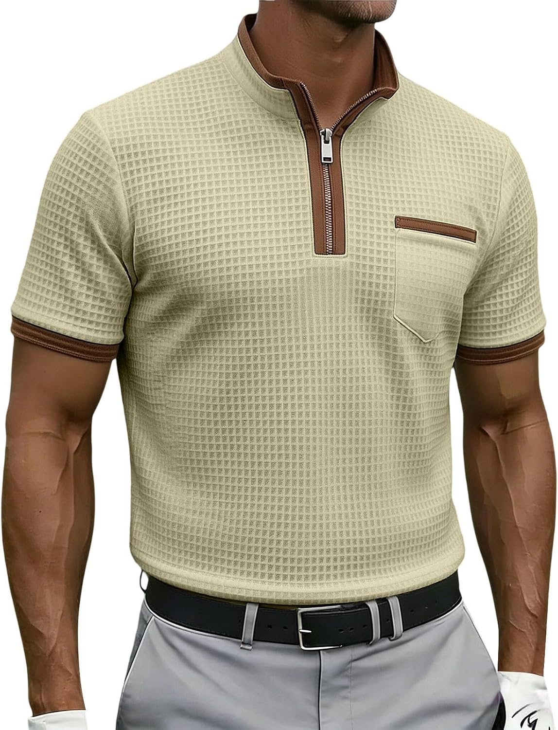 Mens Waffle Golf Shirt Classic Business Golf Tshirt Casual Collar Tops Short Sleeve with Pocket Trendy 1/4 Zip Tees