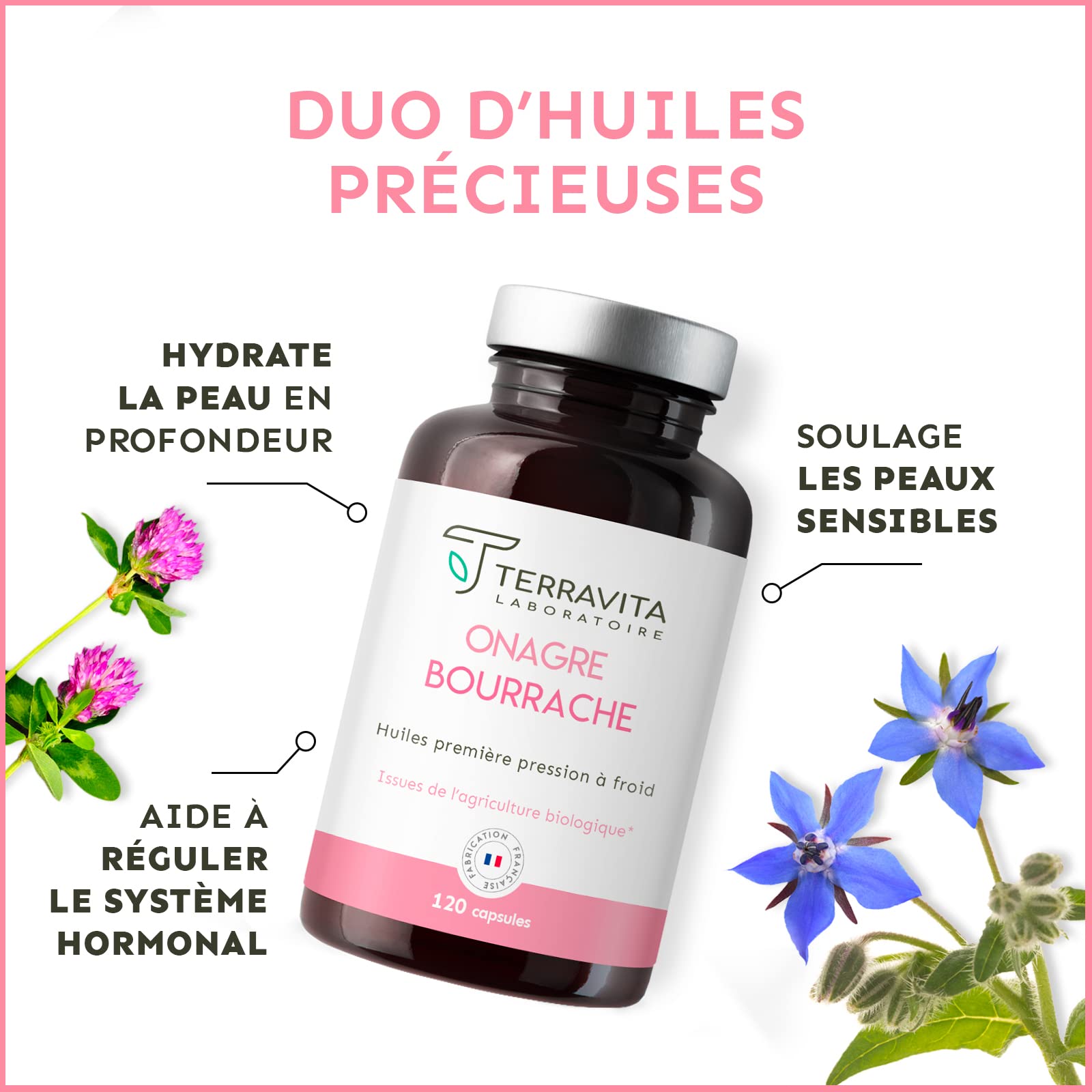 ONAGRE et BOURRACHE | Huiles BIO Première Pression à Froid | 120 Capsules de 500 mg | Hydratation de la Peau en Profondeur | Régulation du Système Hormonal | Label Ecocert | Made in France | Terravita