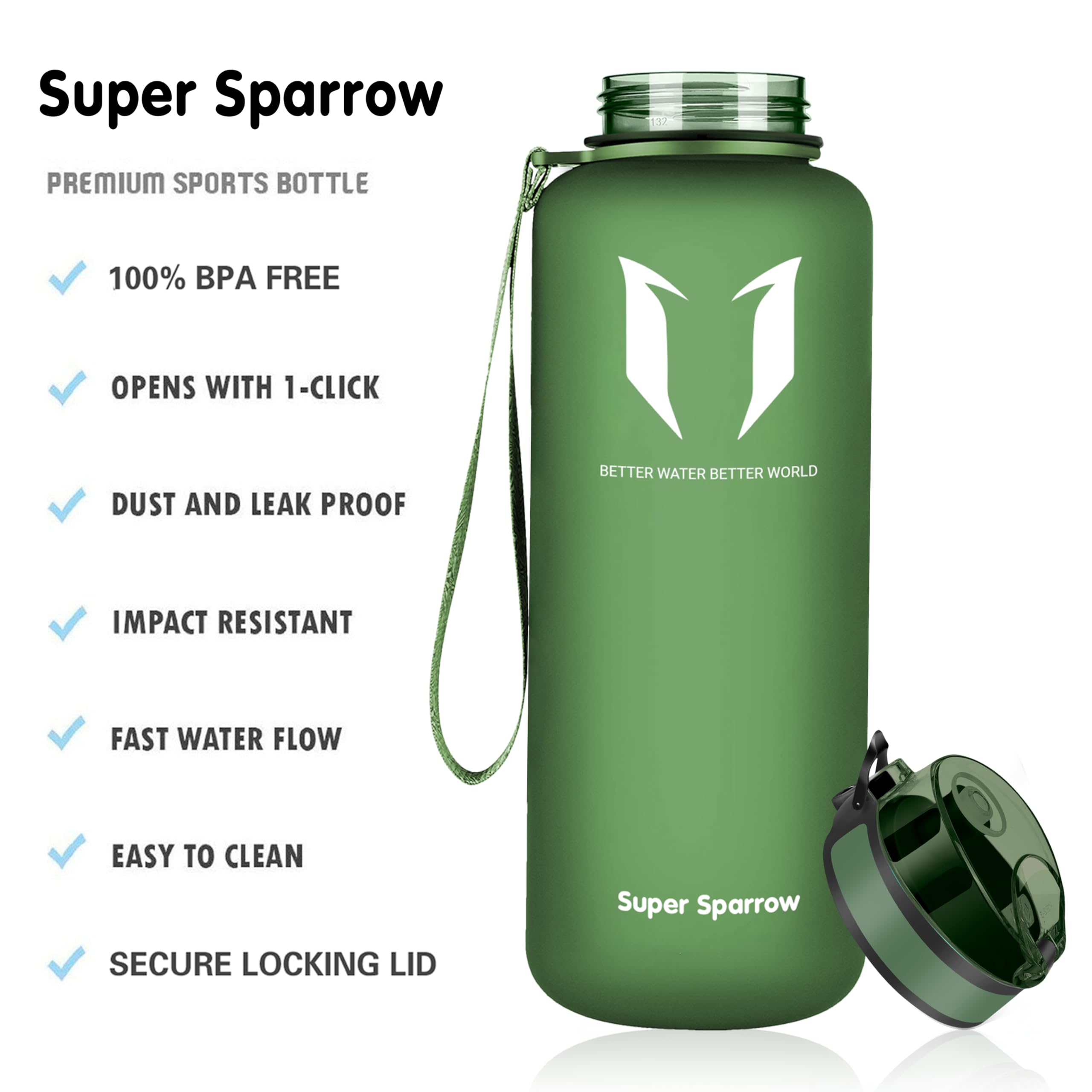 Super Sparrow Borraccia Sportiva & Bottiglia Bambini Senza Perdite - 1.5L Bottiglia Acqua Riutilizzabile di Grande Capacità - Senza BPA
