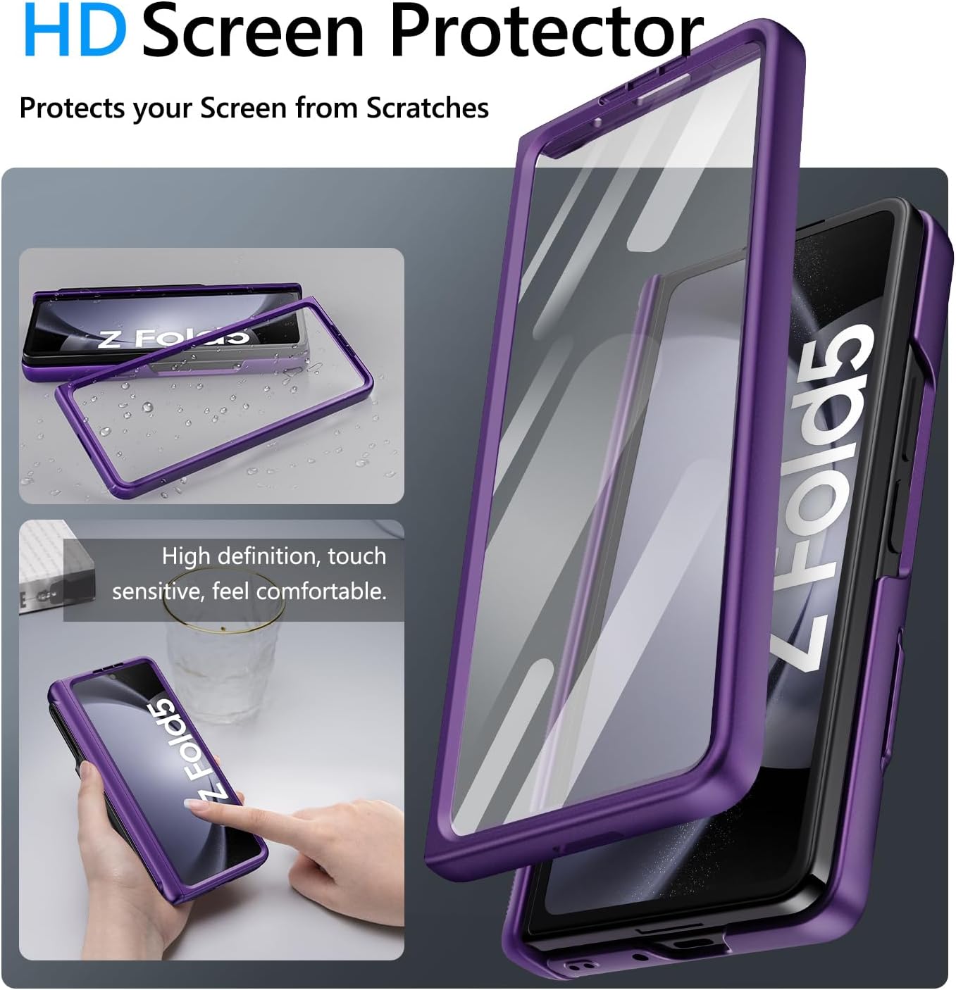 Vihibii for Galaxy Z Fold 5 Case with Card Holder & S Pen Holder & Hinge Protection & Slide Camera Cover & Screen Protector, Heavy Duty Rugged Wallet Phone Case for Galaxy Z Fold 5, Dark Purple