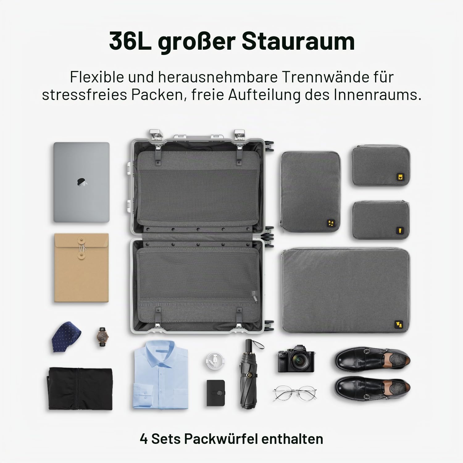 LEVEL8 Koffer Aluminium Handgepäck Koffer Trolley mit Doppelte TSA, Alu Reisekoffer Business Cabin Trolley Hartschalenkoffer Reißverschlussloses Gepäck (55cm,35L,Silber)