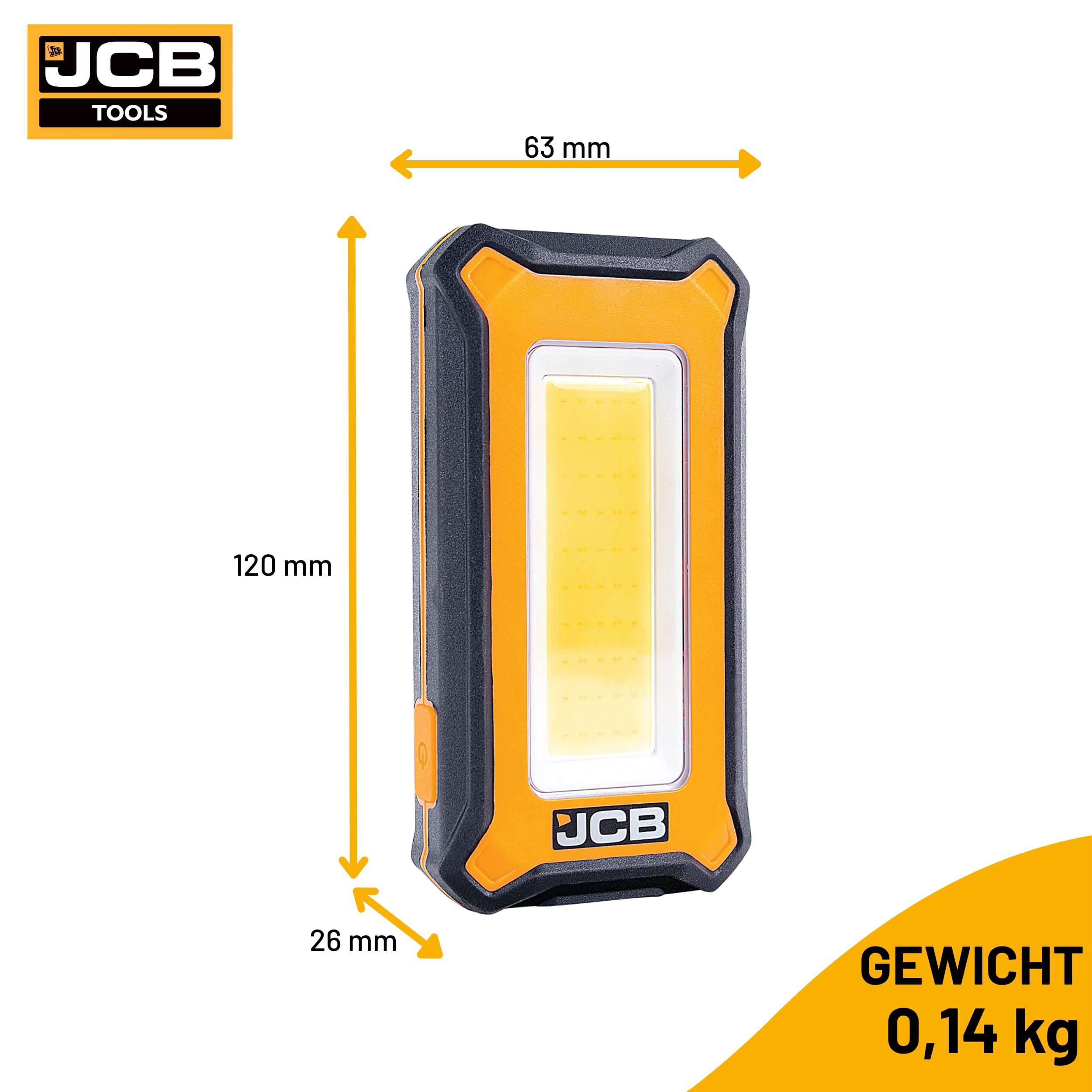 JCB Work Lights LED-Arbeitsleuchte 1000 Lumen, kompakte Werkstattlampe mit 3 Helligkeitsstufen, USB-C aufladbar, Magnet & Haken, IP54, nur 140 g, JCB-WL-PALM