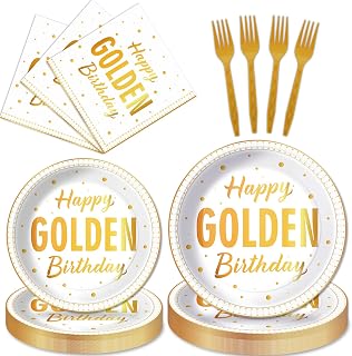 100Pcs Happy Golden Birthday Party Decorations White Gold Glitter Disposable Paper Plates Napkins Golden Birthday Girls Boys Men Tableware Set for 25 Guests Gold Baby Shower Party Supplies Favors