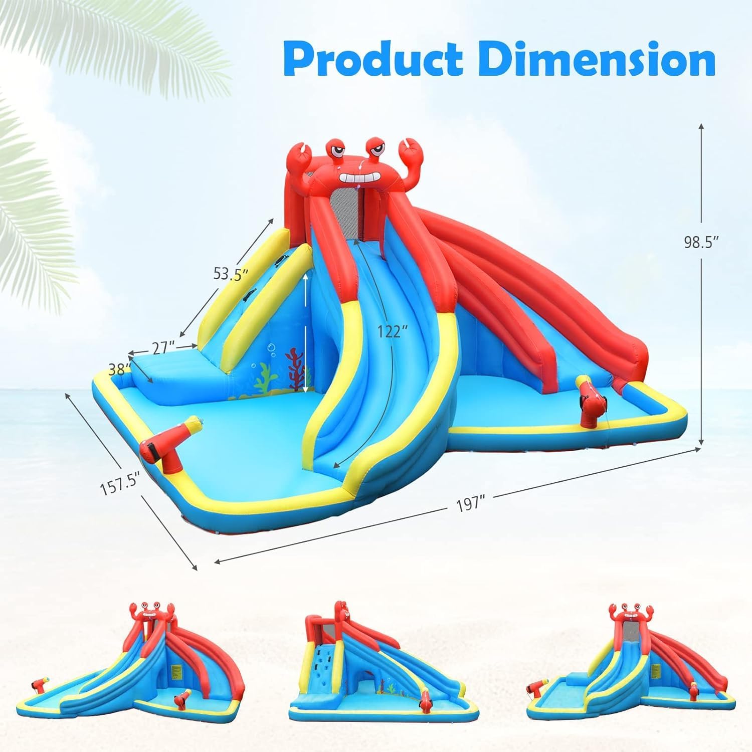 DORTALA Inflatable Water Slide, Crab Bounce House Water Park with Climbing Wall, Splash Pool & Water Cannon(with 950W Air Blower)