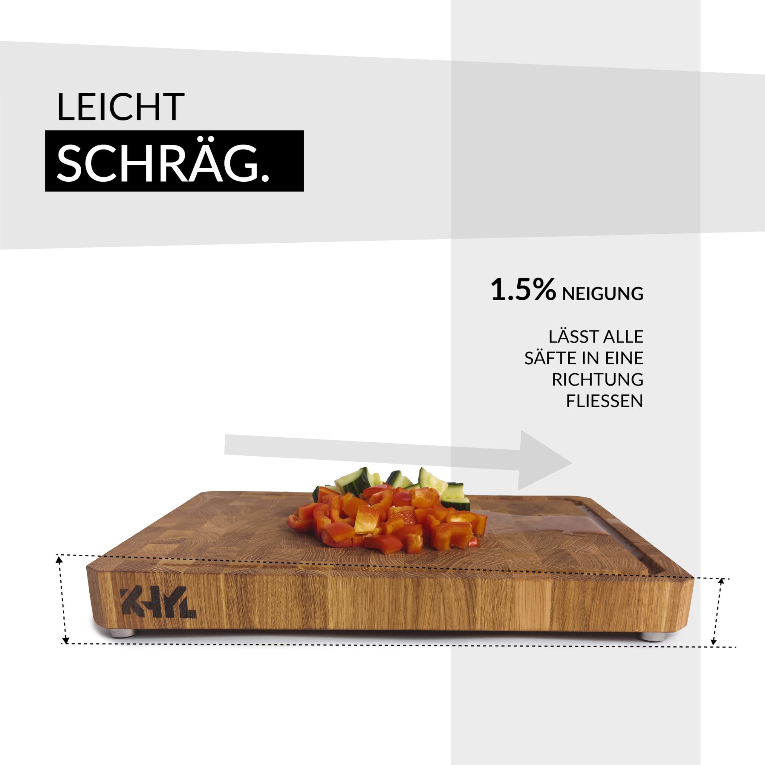 MADE IN GERMANY - KHYL® Das schräge Schneidebrett - Echtholz EICHE- 40x30x4 cm extra groß- Hirnholz Stirnholz - Extra dick, massiv – Hackbrett – Hackblock – Butcherblock