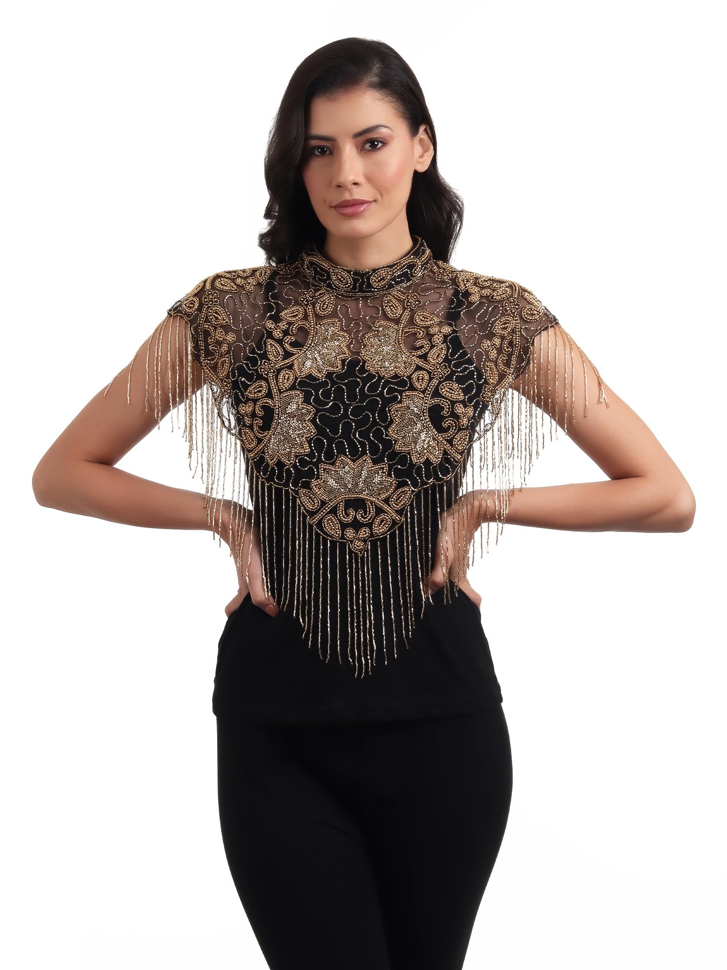 Women's Net Hand Beaded Designer Cape Poncho, Sleeveless, Round Neck, Black and Gold