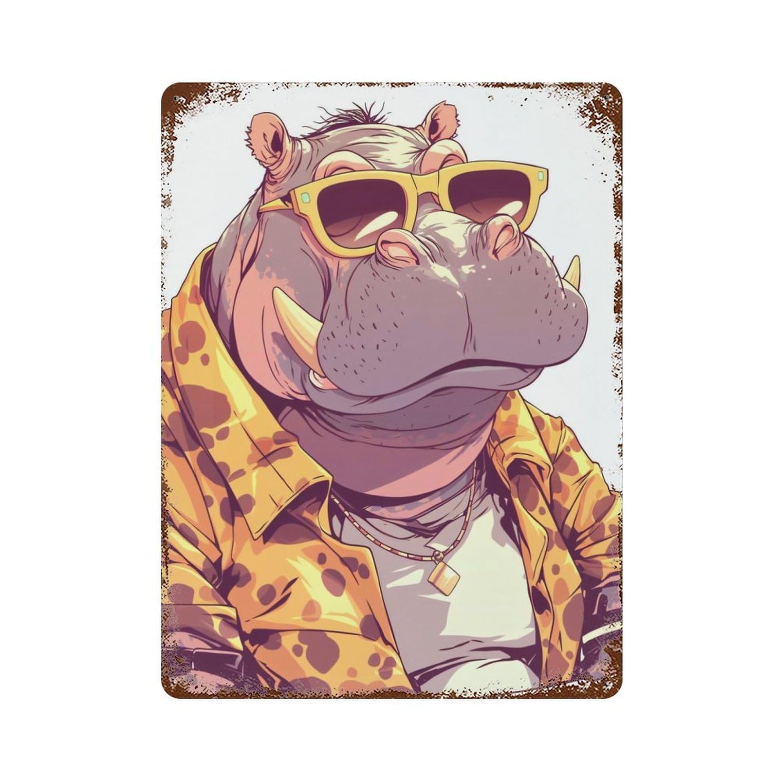 Cool Hippo with Sunglasses And Jacket 15.7"x11.8" Distressed Metal Wall Sign, Retro Wall Decor for Garage, Bar And Workshop Decor