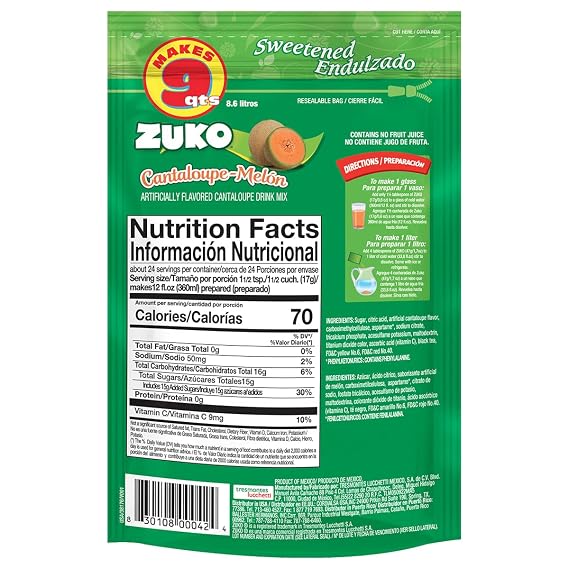 Zuko Cantaloupe Instant Powder Drink | Family Pack | No Sugar Needed | Vitamin C | 14.1 Ounce (Pack of 6)
