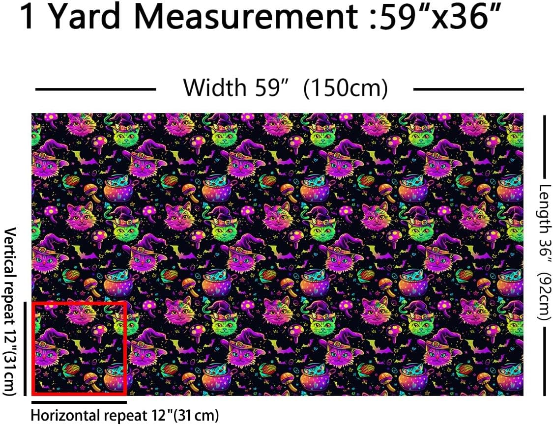 Happy Halloween Fabric by The Yard,Cat Bat Wildlife Upholstery Fabric,Watercolor Animals Decorative Cloth for Furnishing Sofa,Black Purple Green Sewing Supplies DIY Fabric,5 Yards,180" L x 59" W