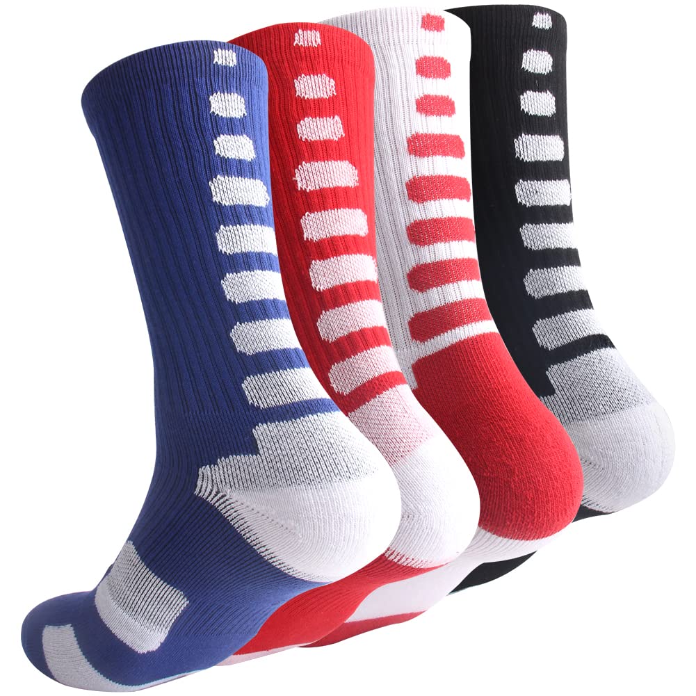 OLCHEE Boys Sock Basketball Soccer Hiking Ski Athletic Outdoor Sports Thick Calf High Crew Socks 4 Pack C, Size S