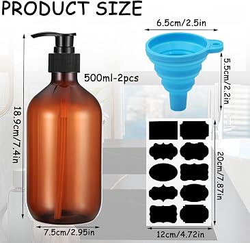 2 Pcs Pump Bottle Dispenser,500ML/17oz Refillable Empty Press Pump Bottles,Plastic Liquid Soap Dispenser Storage Holder Container for Liquid Soap,Lotions, Shampoo,with Funnel, Label Paper(Brown*2)
