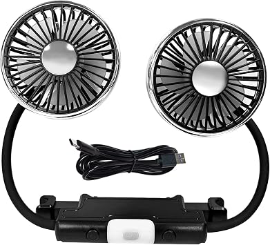 Dual Head Car Fan USB Powered, 3 Speed Adjustable 360 Rotatable Cooling Air Fan with 2 LED Lights for Dashboard SUV RV Truck Sedan Home Office, Portable Rear Seat Fans for Kids