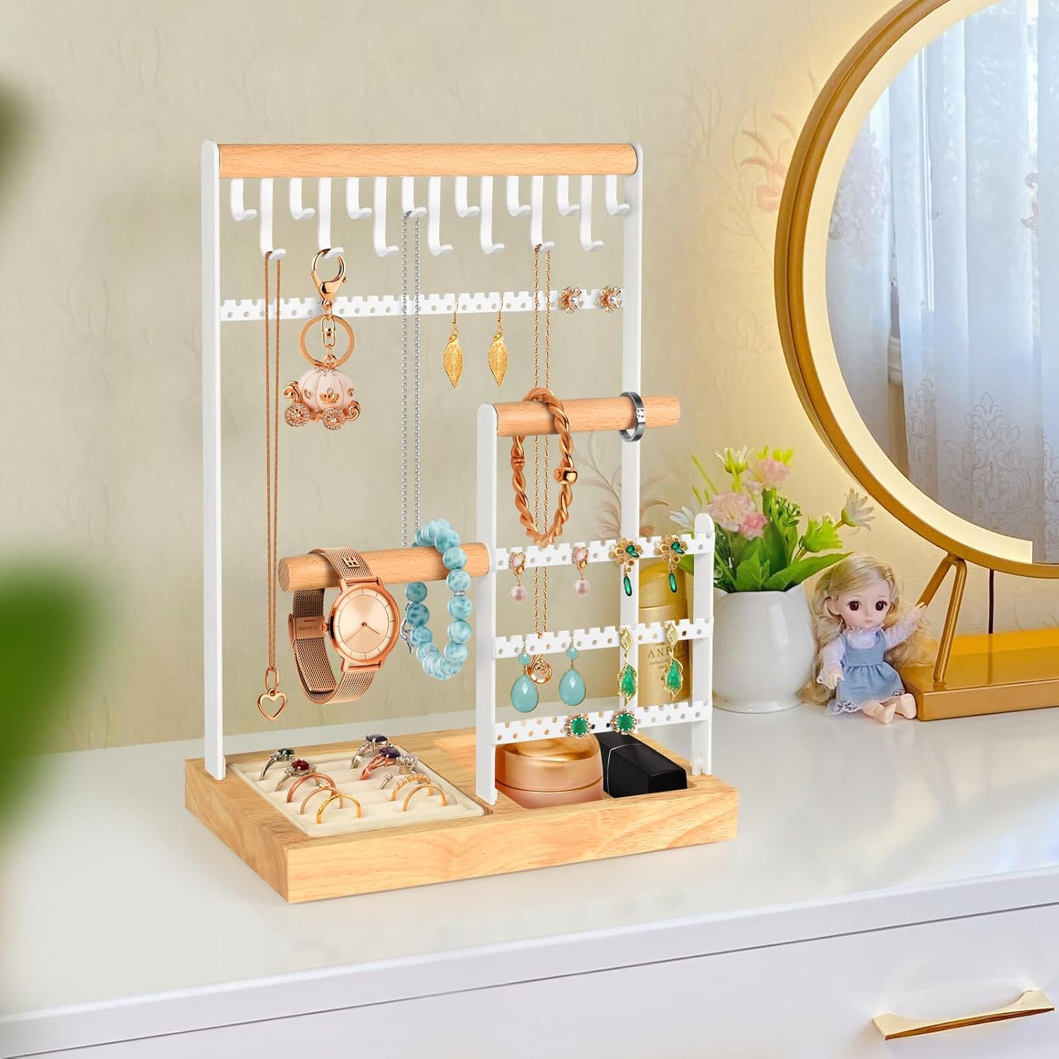 PAMANO Jewelry Organizer with Ring Tray, 15 Hooks Hanging Necklaces, 2 Wooden Bracelet and Metal Display Stand for Watches Earring, Gifts for Women and Girls - Image 6