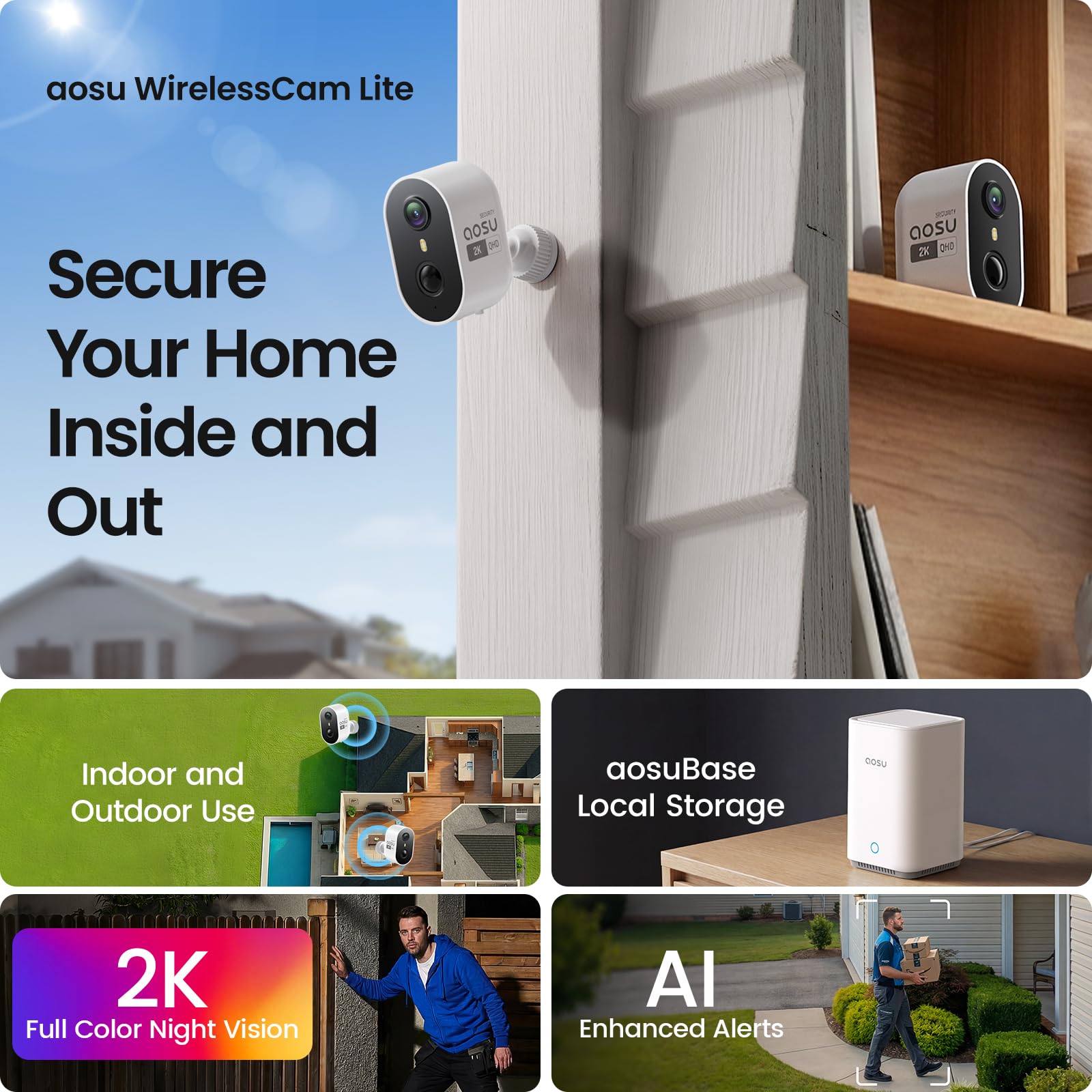 aosu Wireless Indoor/Outdoor Security Camera Kit with aosuBase Local Storage, 2K with 6X Zoom, 4-View Live, Cross-Camera Person Timeline, PIR + AI Human Detection, Color Night Vision, 4-Cam-Kit - 2