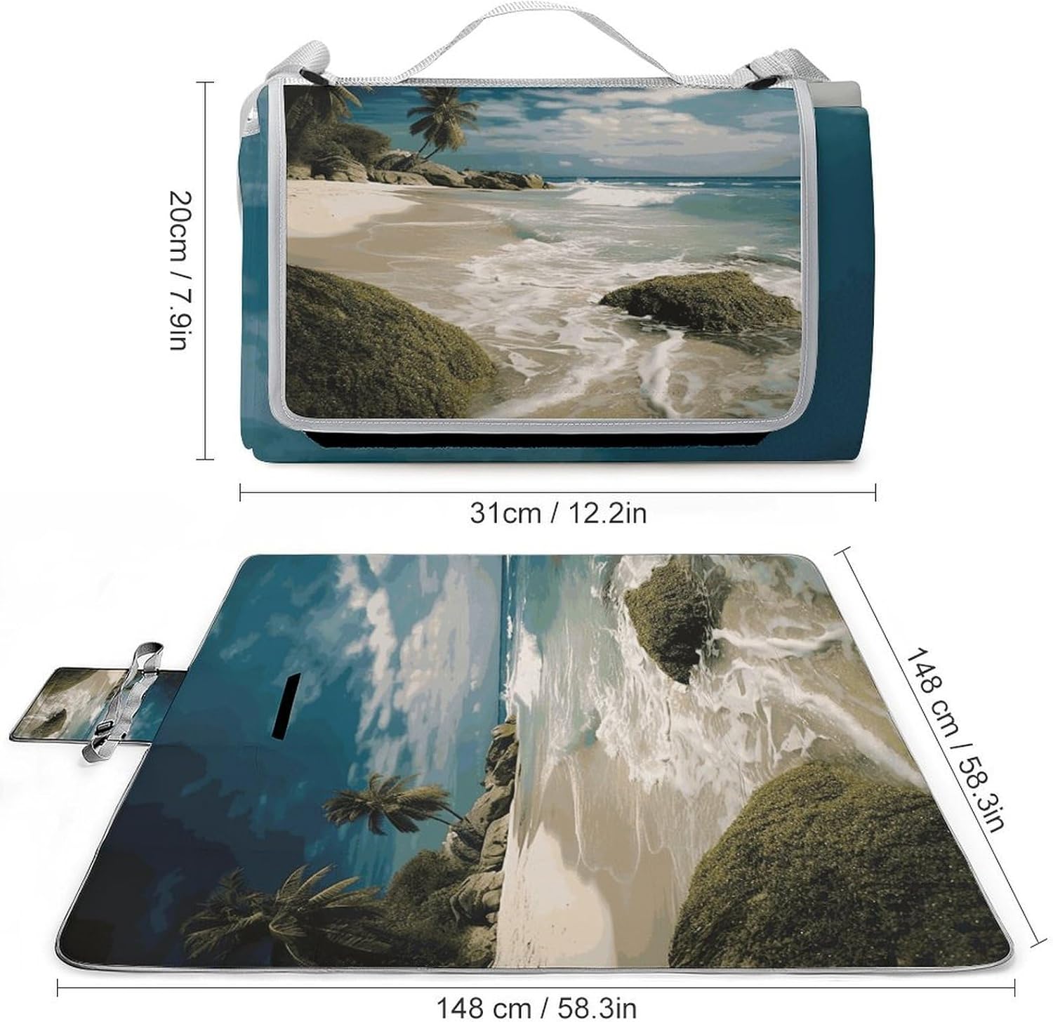 Beach Ocean Waterproof Picnic Blanket 58.3''x58.3'',Portable and Foldable Picnic Mat with Handle,Outdoor Blankets for Lawn Park Beach Travel