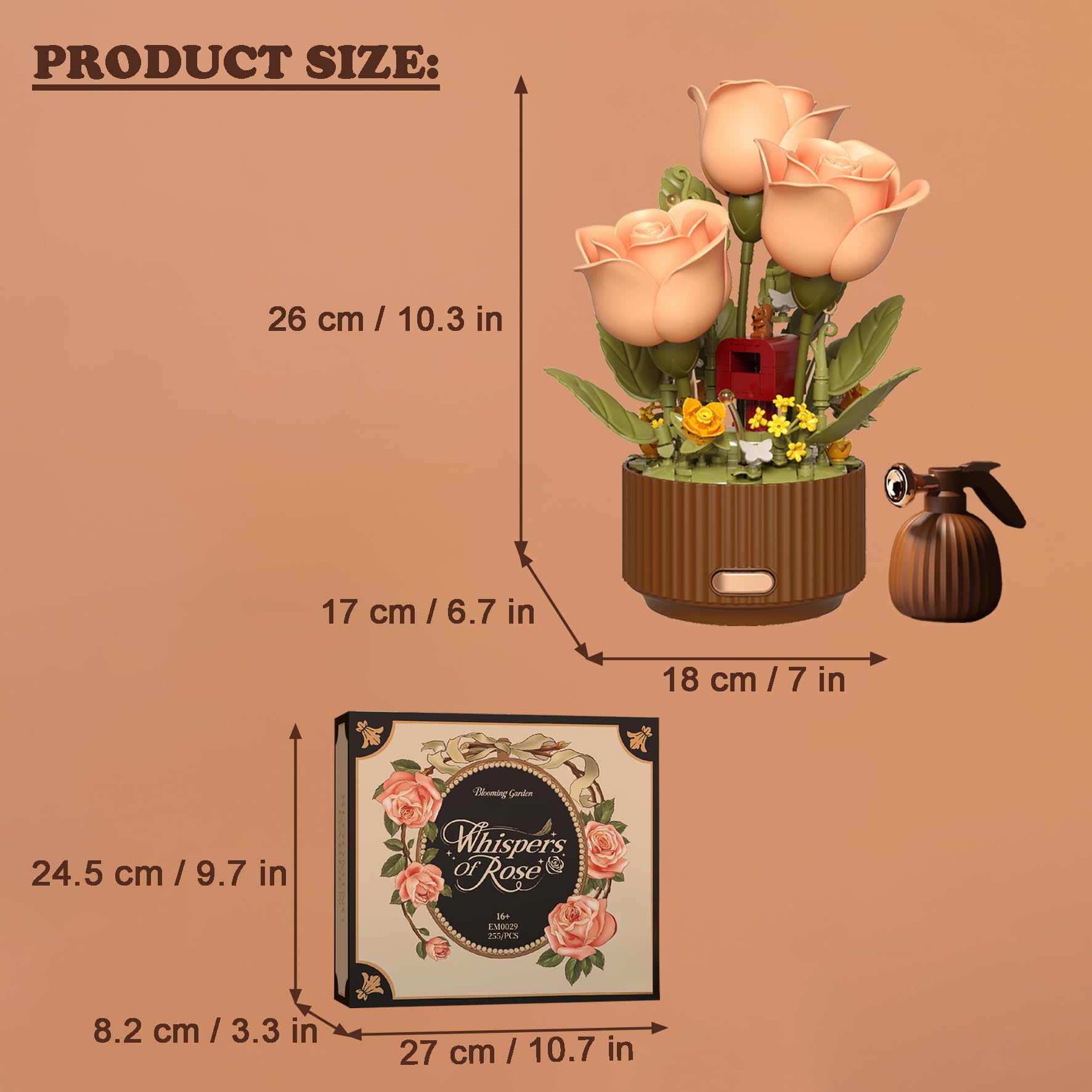 Rosen Bausteine Blumen mit Blumentopf, 255 Teile Botanik Klemmbausteine, Künstliche Blume Bauklötze Bausatz Spielzeug für Home Deko Geschenk für Erwachsene Freundin Frauen