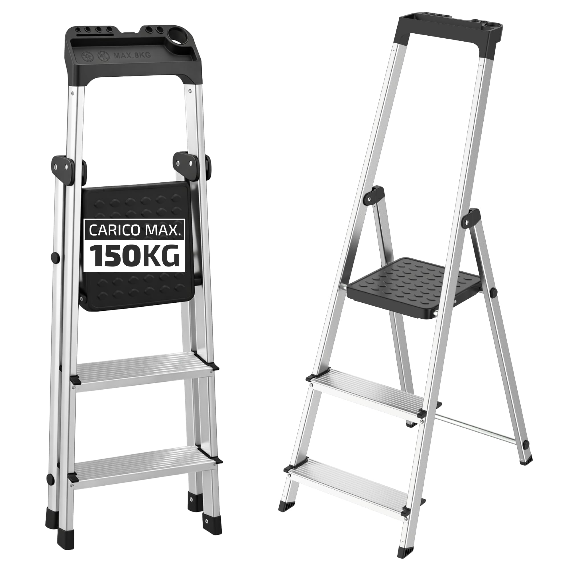 Scala Pieghevole in Alluminio a 3 Gradini con Portaoggetti Integrato || EN-131 || Portata 150kg || Scaletta Domestica Antiscivolo, Stabile e Leggera, con Vassoio Portautensili per Casa e Fai da Te