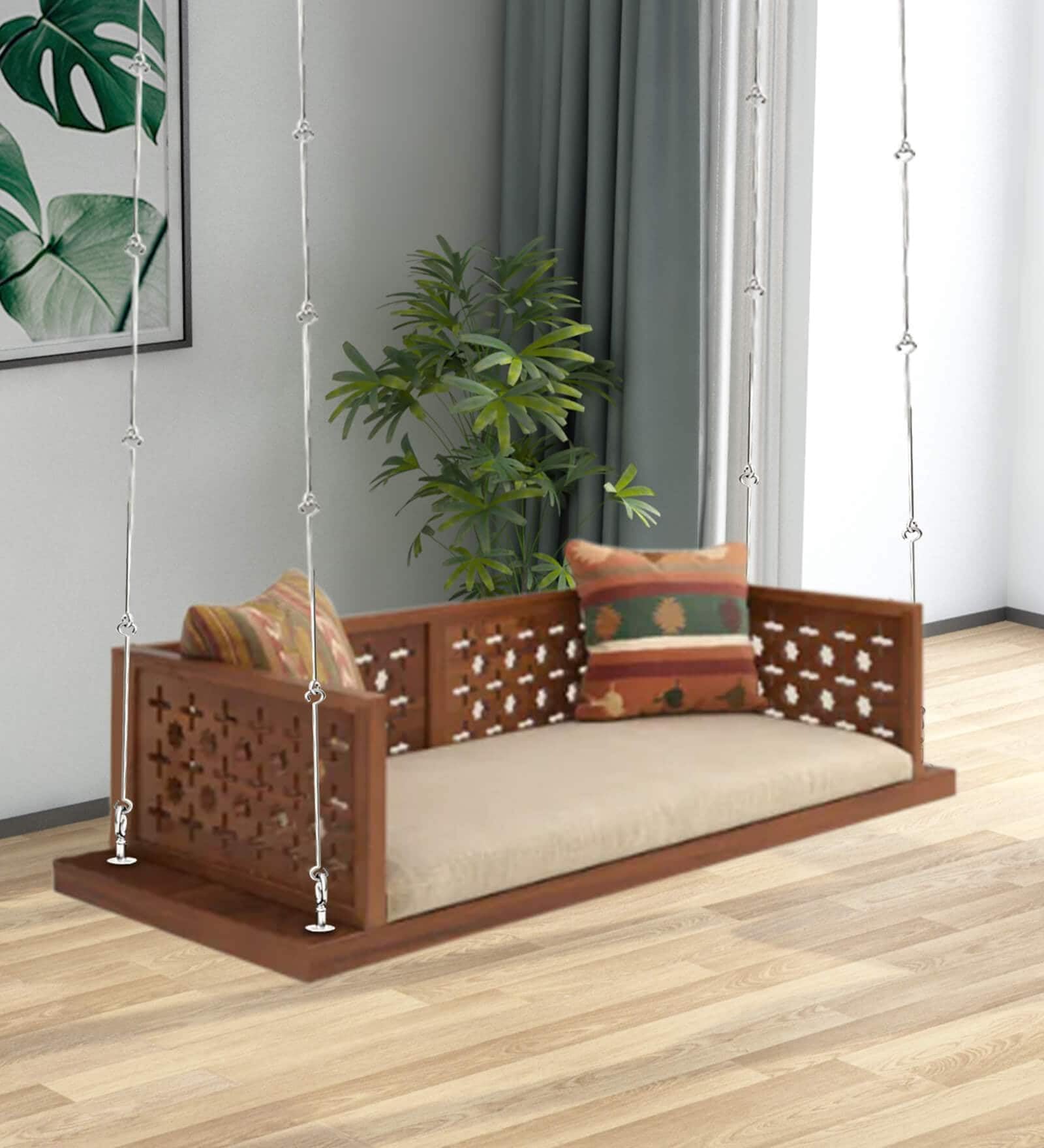 Solid Wood 2 Seater Swing Chair | Wooden Hammock Swing Sofa with Chain & Complete Accessories for Living Room/Indoor/Outdoor/Balcony & Garden | Movable Backrest Swings Jhula | Brown