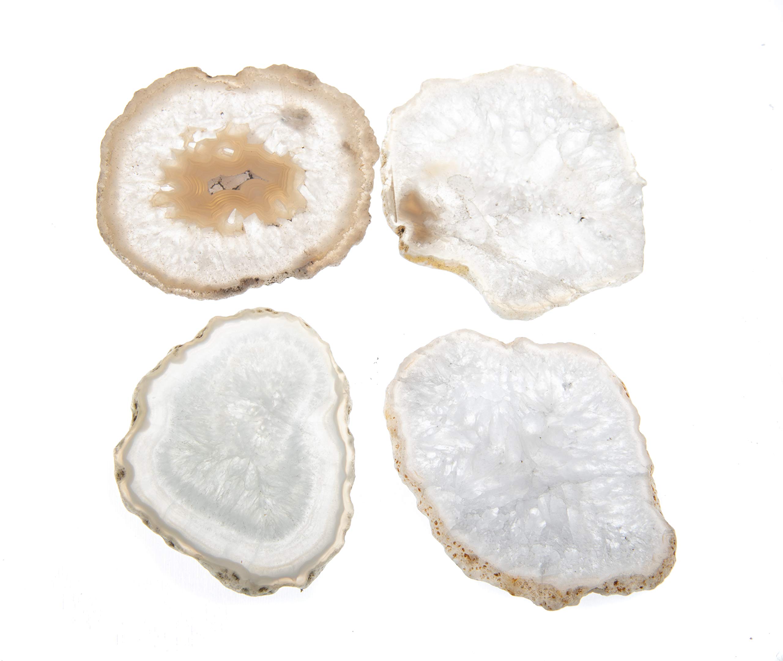 Agate Coasters for Drinks | Healing Crystal Geode Agate Slices for Home Decoration DIY Crafts Irregular Stone, Gift Set | Cup Mat for Desk Wine, Bars (White - Set of 4)