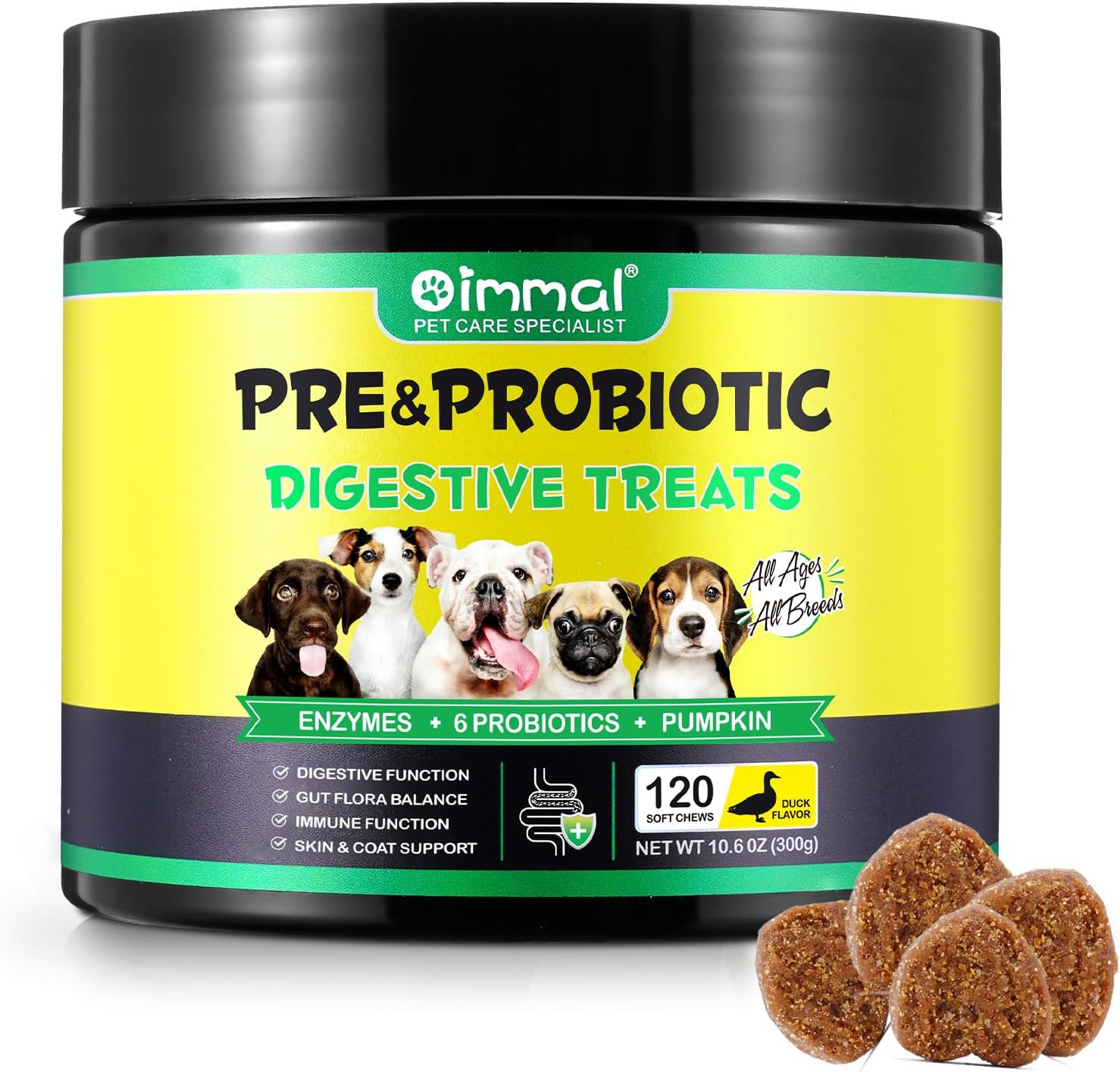 Probiotici per Cani - Probiotici per Cani per la Salute Intestinale e la Digestione, Tutte le età e Razze, 120 Masticativi Probiotici, Gusto Anatra