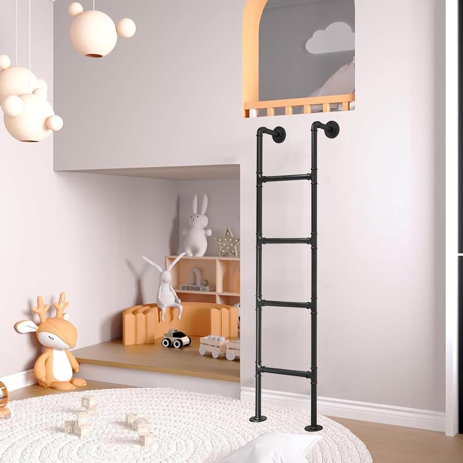 Metal Loft Bed Ladder Wall Mounted Basement Egress Ladder Fire Escape Ladder, Multi-Purpose Straight Ladders Home Safety Space-Saving Climb Ladders - Black(175cm/69in)
