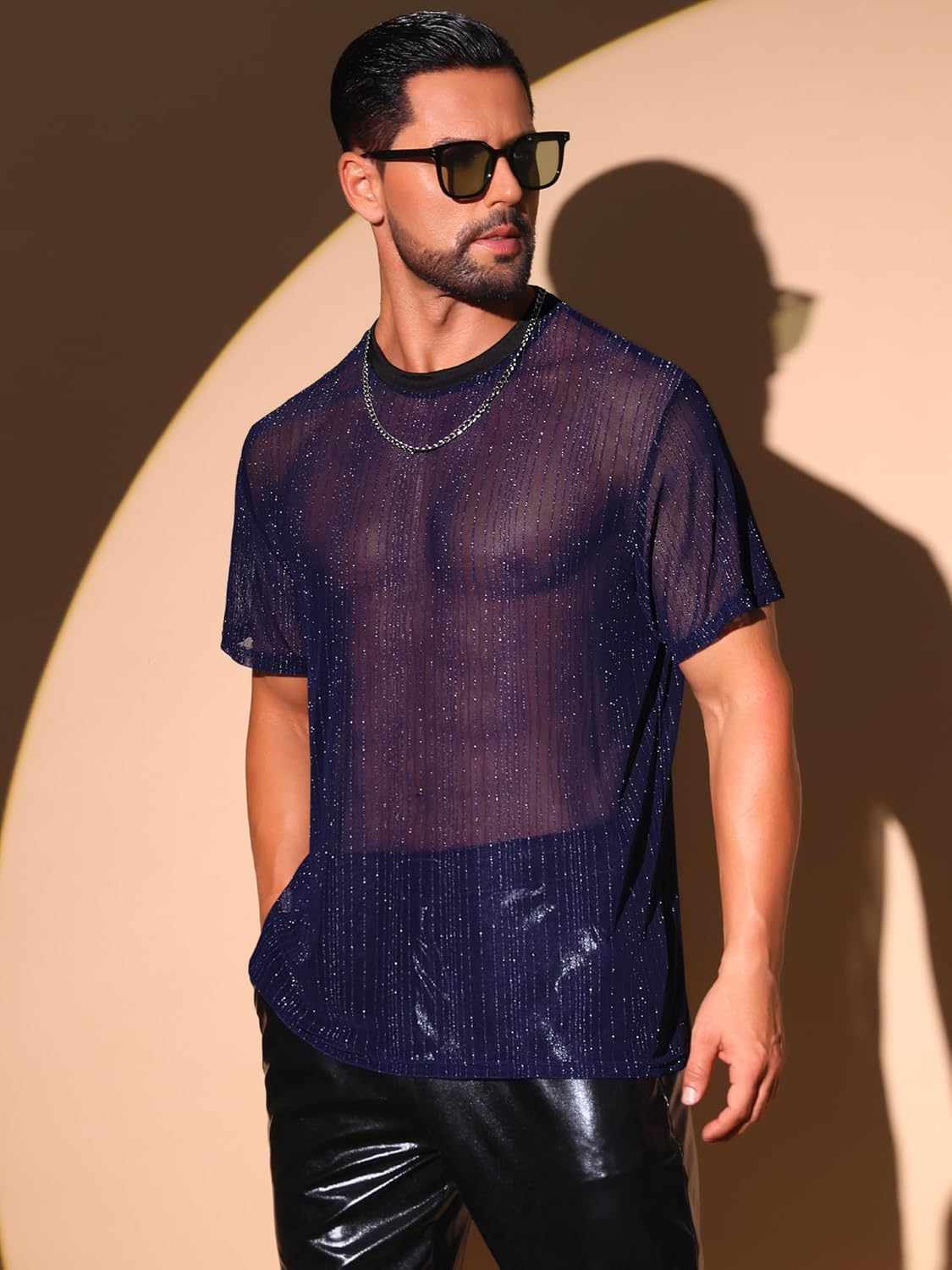 Lars Amadeus Shiny See Through T-Shirt for Men's Breathable Short Sleeve Party Sheer Mesh T-Shirts - Image 2