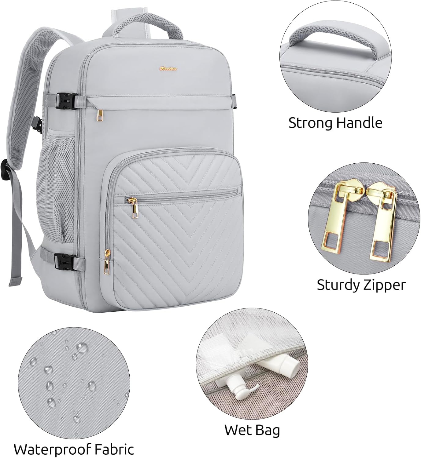 Travel Backpack for Women, Carry On Backpack for Airplanes Flight Approved, Waterproof Large Weekender Overnight Bag Fit 17 Inch Laptop with USB Charging Port, Grey