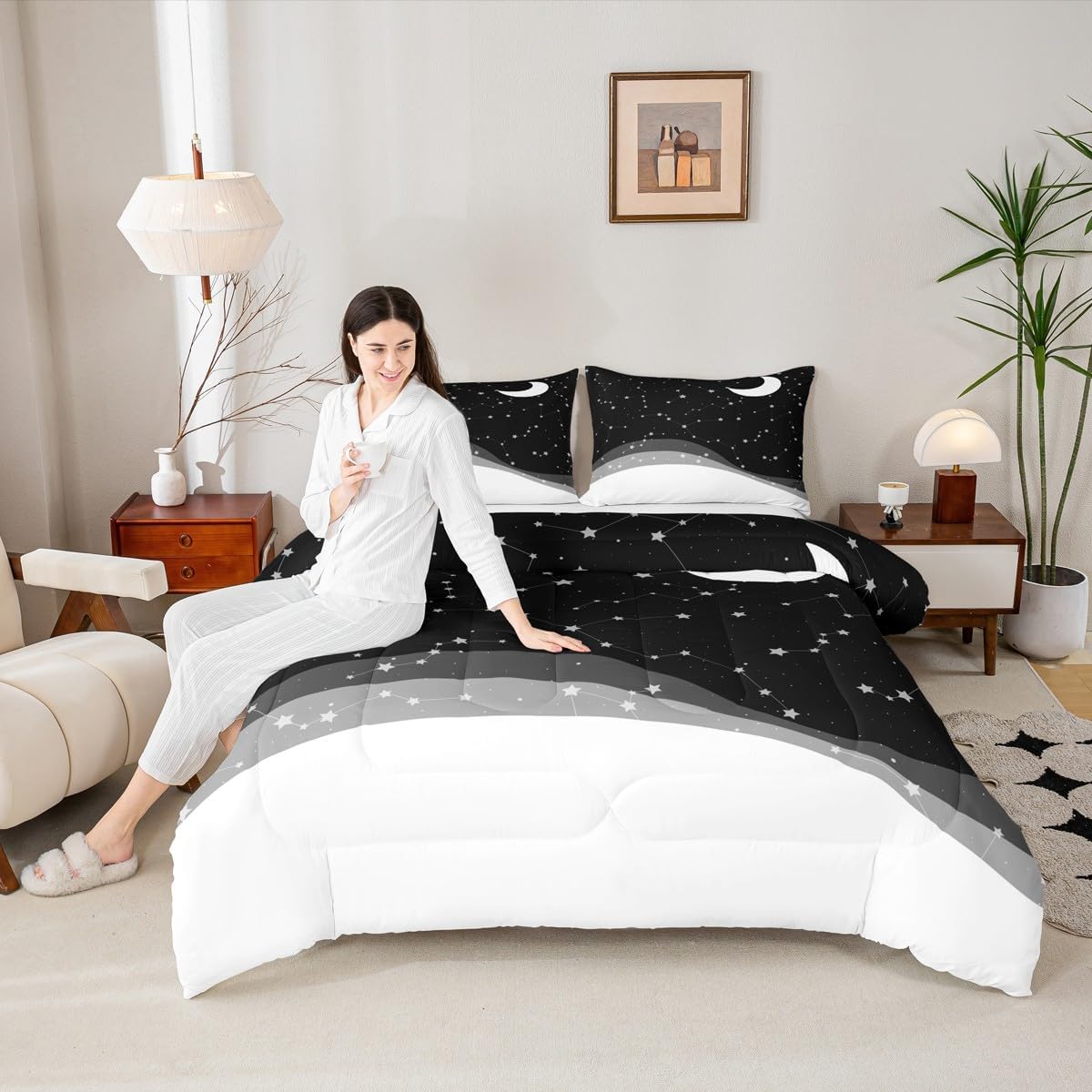 Erosebridal Black White Comforter Set King Psychedelic Galaxy Bedding Set, Constellations Astrology Down Comforter Hippie Moon Duvet Insert, Horoscopes Zodiac Bedding Comforter Sets, Reversible 3pcs