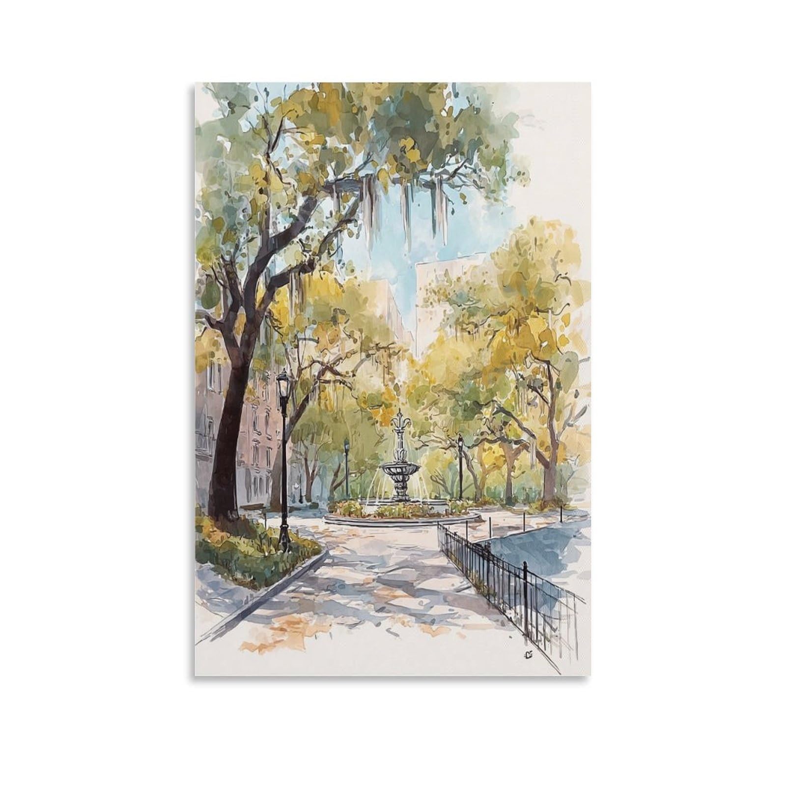 LCYNNH Savannah Forsyth Park Mid-Century Modern 20x30inch(50x75cm) Vintage Travel Poster Watercolor Canvas Art