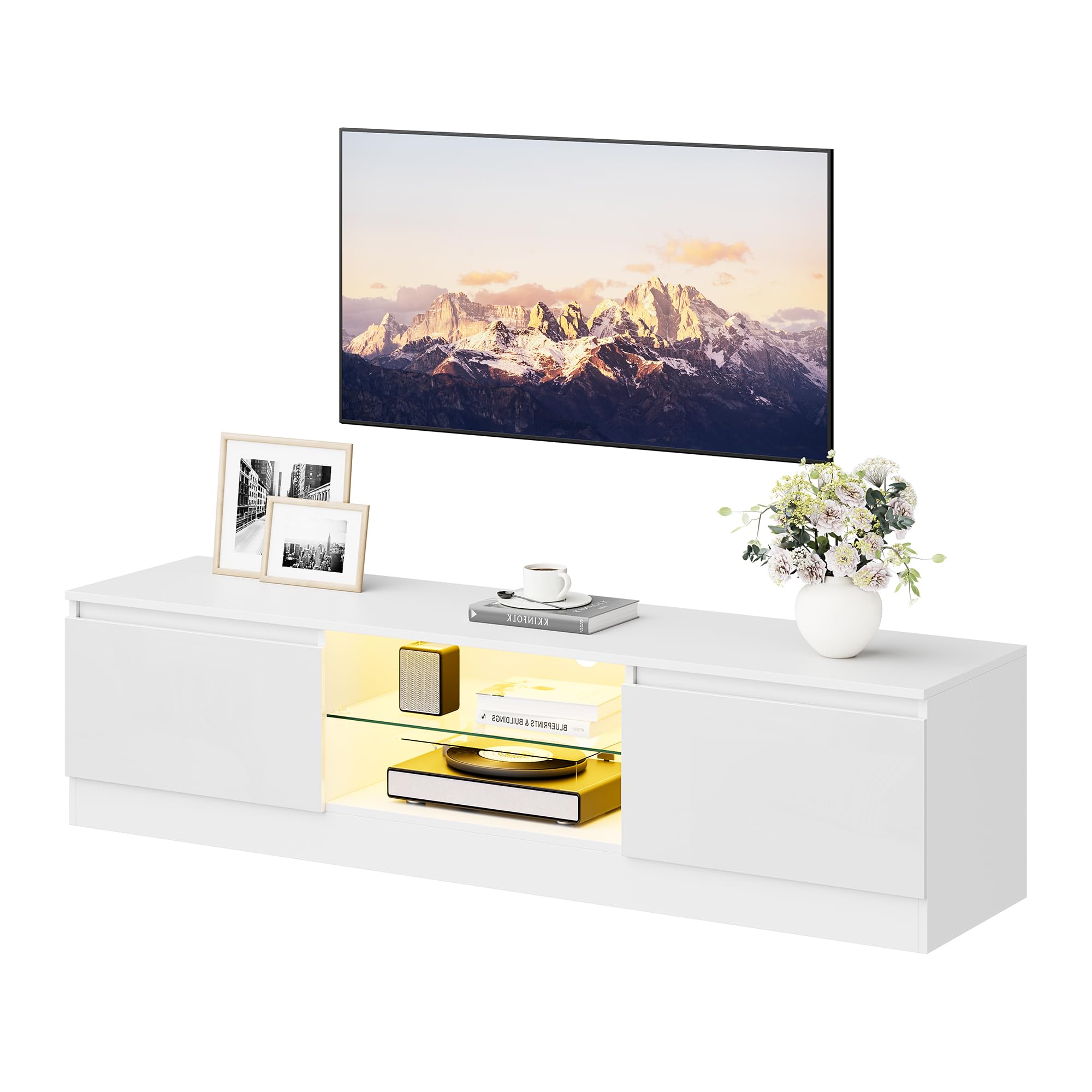 160 cm TV Schrank für Fernseher bis zu 70 Zoll, TV Board mit 16 Farben LED Beleuchtung und 2 Türen, Lowboard Stehend, Fernsehtisch für Schlafzimmer, Wohnzimmer, Esszimmer (Weiß)