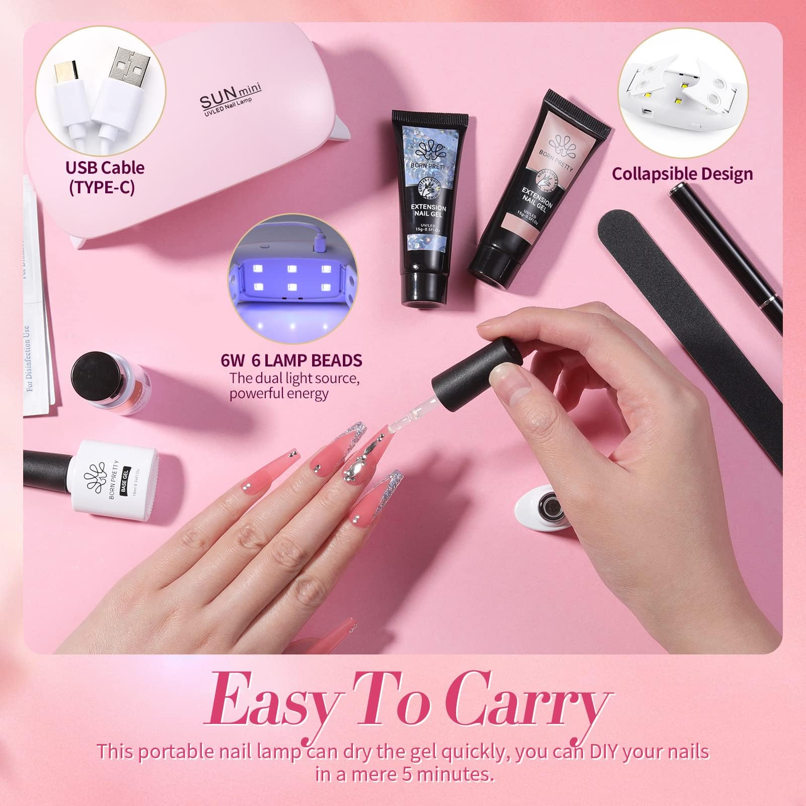 BORN PRETTY Polygel Starter Set mit UV Lampe 6 Farben Transparent Weiß Nude Rose Glitzer Polygel Nägel und Slip Solution Nagelset Gelnägel Starterset Base Top Coat Acrylnägel Nagelverlängerung Kit