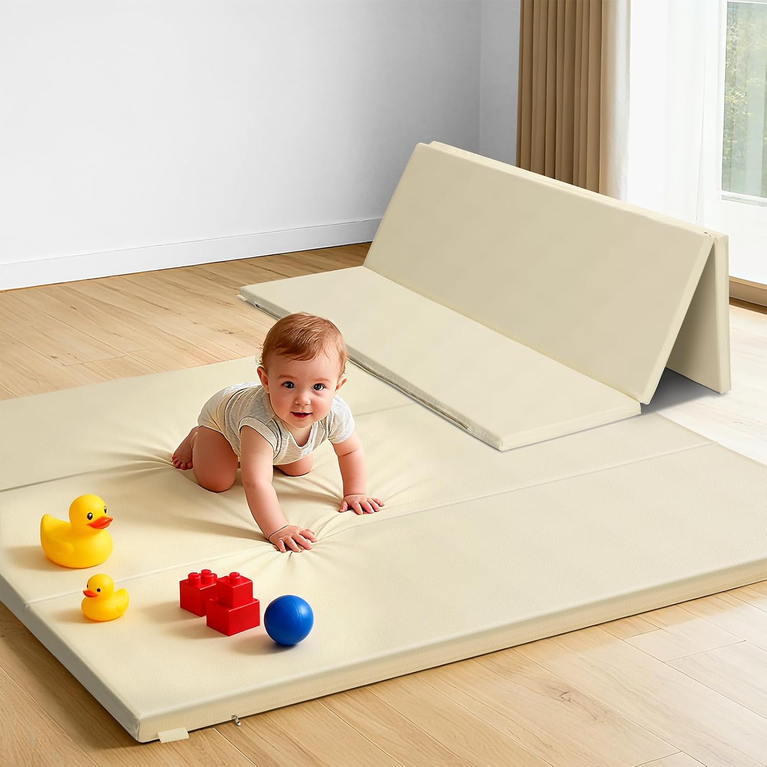 Baby Play Mat, 48 x 48 Inch Foldable PU Leather Waterproof Playpen Mat, 1.6" Extra Thick Foam Floor Mat for Infants and Toddlers, Non-slip Toddler Activity Playmat Cushion, Beige