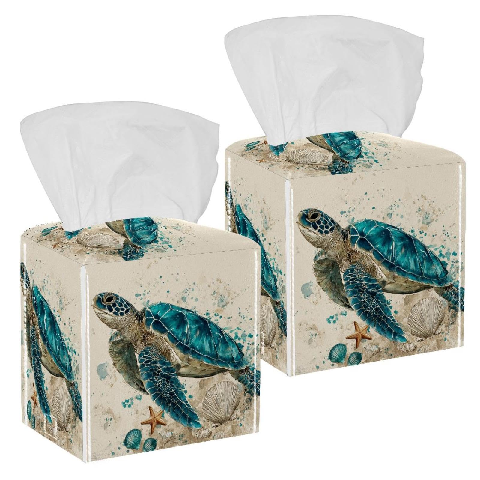 Sea Turtle Tissue Box Cover, 2 Pack PU Leather Square Facial Tissue Dispenser Box holder for Home Office Car