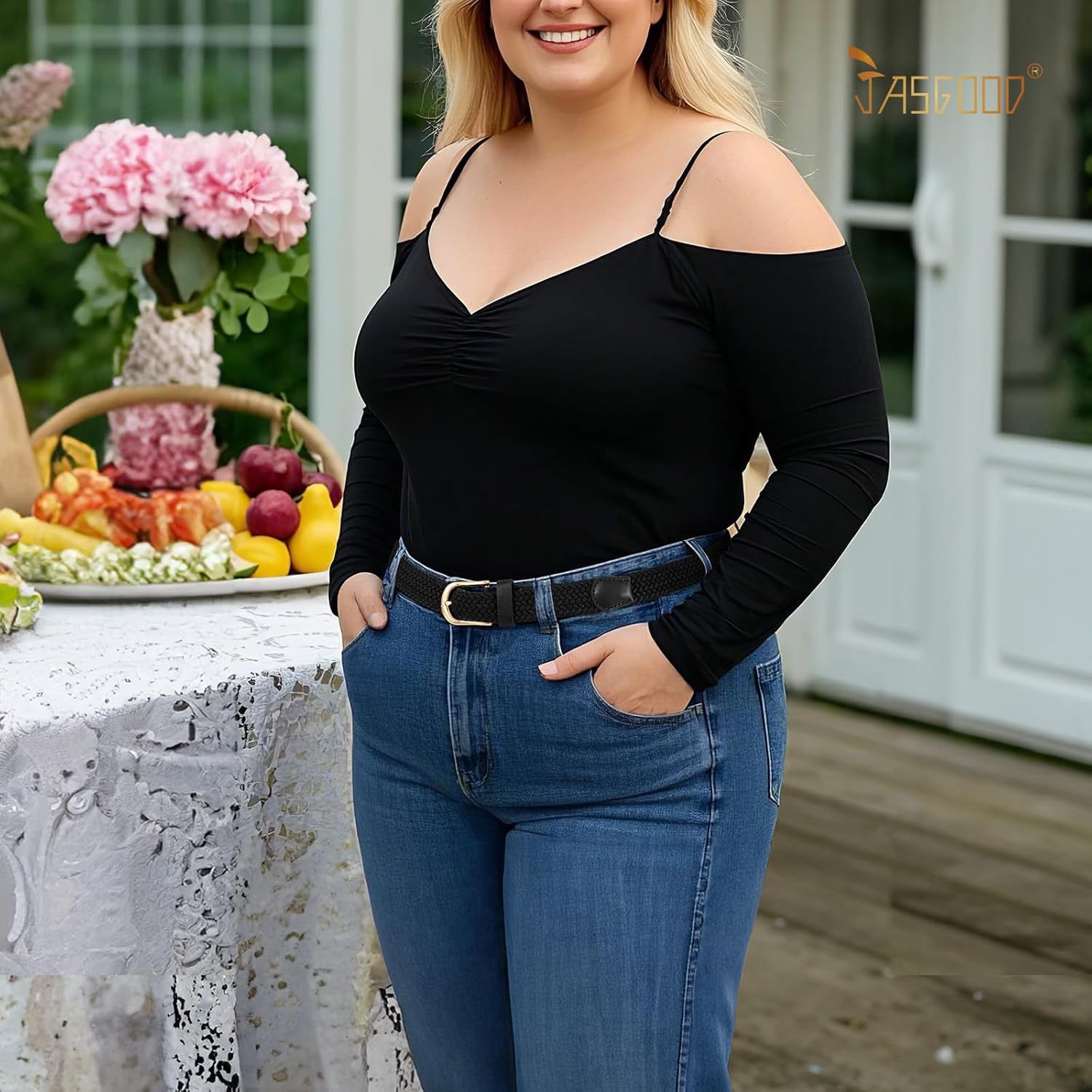 JASGOOD 2 Pack Braided Belts for Women, 1'' Narrow Width Elastic Woven Stretch Fabric Cloth Belts with Gold Buckle - Image 4