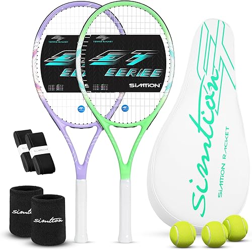 Juego de raquetas de tenis de 27 pulgadas, raquetas de tenis preencordadas para 2 jugadores para adultos, 2 cintas de sobreagarre, 3 pelotas, 2