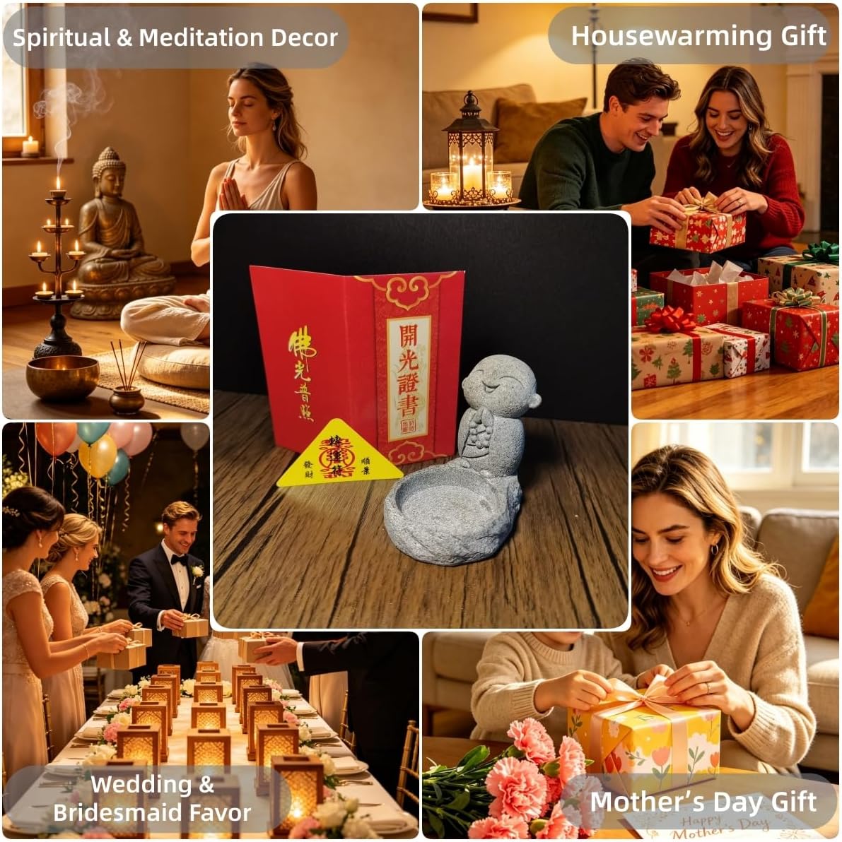 Buddha Tea Light Candle Holder, Small Sandstone Laughing Buddha Statue Zen Meditation Yoga Gift with Lucky Charm, Candle Holder for Home Decor Housewarming Mother's Day.2.75INCH