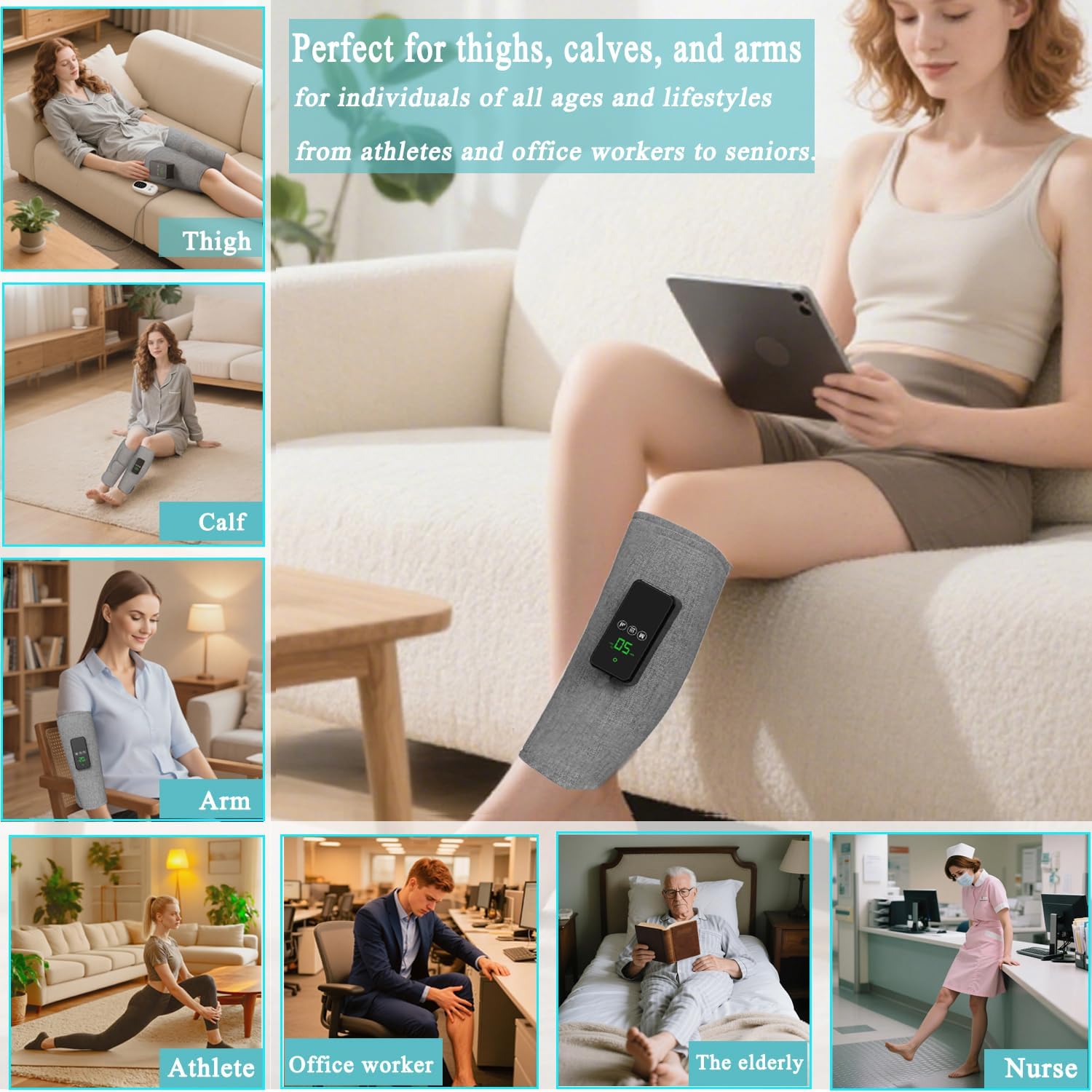 Massaggiatore Gambe Pressoterapia, 2 pcs Pressoterapia Gambe per Casa Senza Fili, 3 Modalità & Calore, Batteria 2500mAh- Per Rigidità Muscolare e Recupero Sportivo