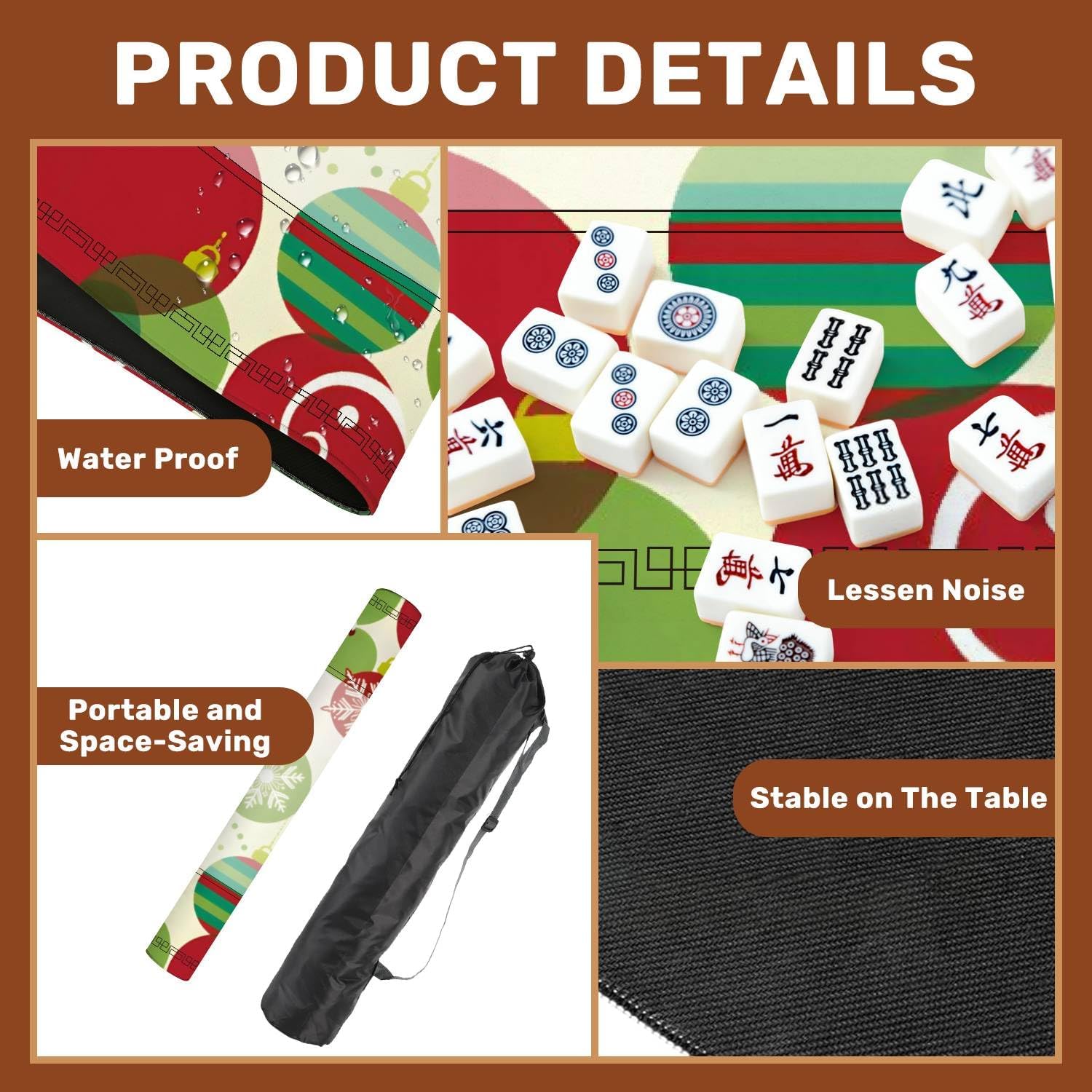 Mahjong Mat 31.5" x 31.5" Christmas Ornaments Snowflakes Red Green Swirls Non-Slip Noise Reduction Mahjong Tiles Table Cover for Dominoes Poker Card Board and Tile Games Gift