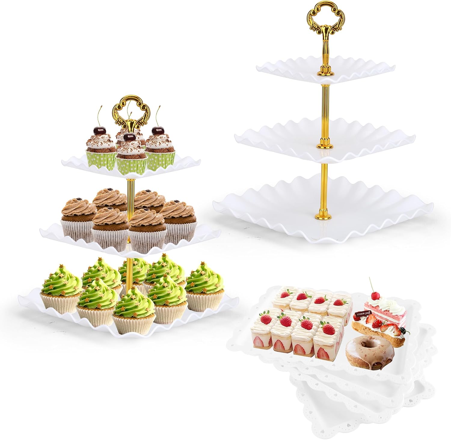 6 Pcs Dessert Table Display Set - 2 X Cupcake Stand Holder/Cup Cake Tier Tower & 4 X Serving Tray Combo for Tea Party, Birthday, Baby Shower (Square White; Gold rods)