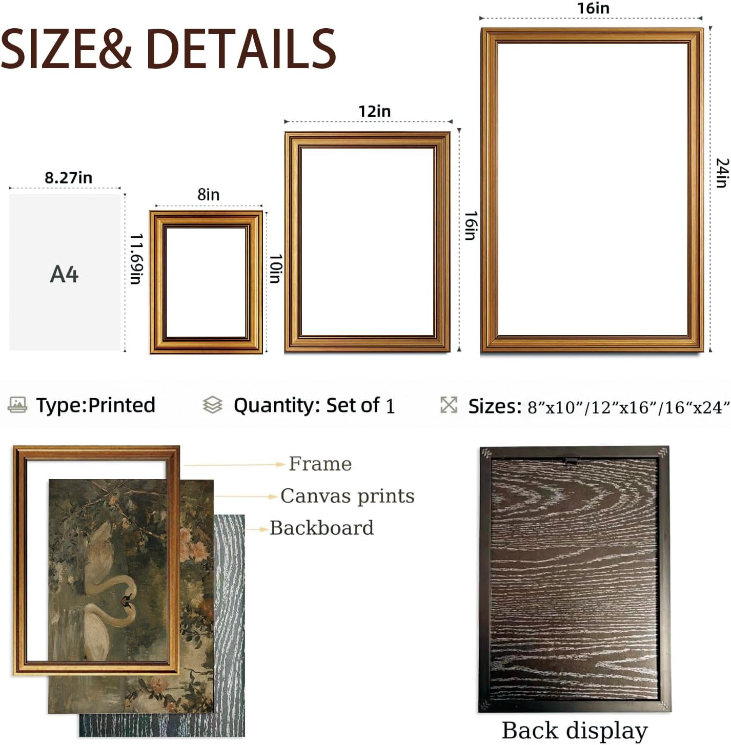 Vintage Gold Framed Wall Art - Vintage Animal Canvas Art Prints Swan Paintings Rustic Farmhouse Wall Decor Cottagecore Romantic Aesthetic Artwork for Bedroom Living Room Bathroom 16x24in