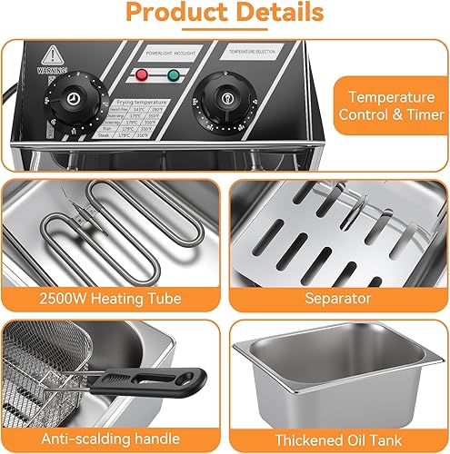 Miniatura 8 de Freidora eléctrica de 6 litros con canasta, freidora de aceite de encimera de 2500 W con temporizador y temperatura ajustable, olla de acero