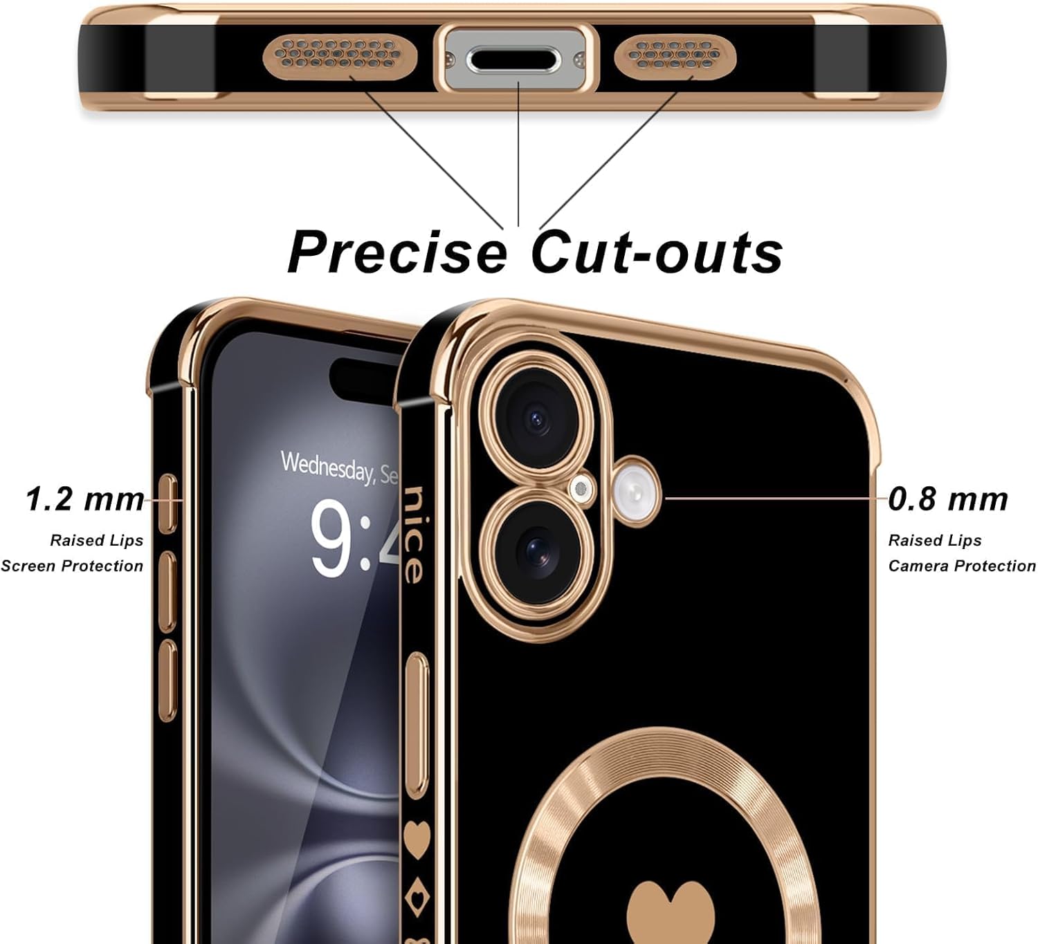 Magnetic Case for iPhone 16 Plus Women Girl Luxury Plating Cute Love Heart Slim Cover Full Camera Lens Protection Compatible with MagSafe for iPhone 16 Plus,Black - Image 3