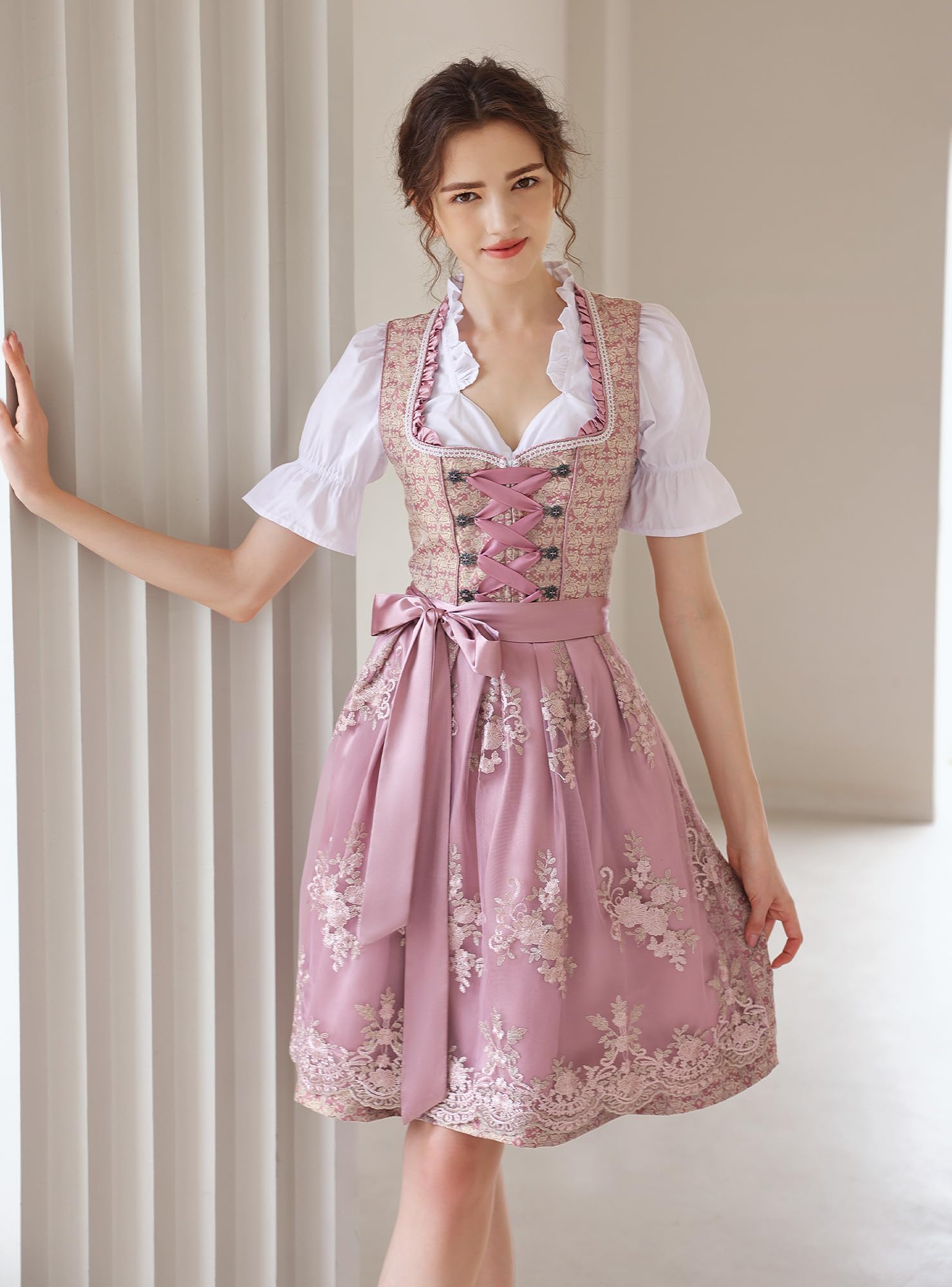 EIISSION Dirndl da Donna Midi in Esclusiva Collezione con Grembiule Rosa