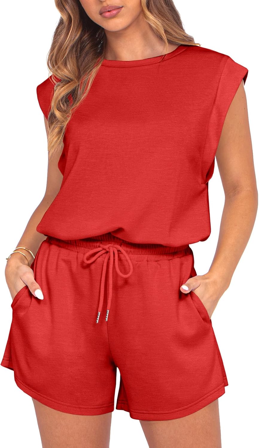 GRECERELLE Rompers For Women 2025 Summer Cap Sleeve Adjustable Drawstring Waistband Cozy Lounge Short Jumpsuit With Pocket