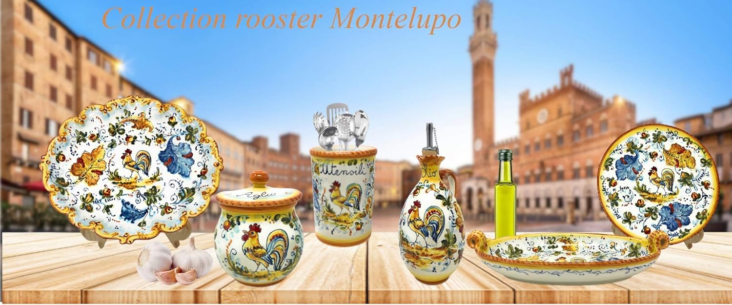 CERAMICHE D'ARTE PARRINI Italian Ceramic Garlic Jar Holder with Lid Hand Painted Rooster Pattern Montelupo Tuscany Made in Italy