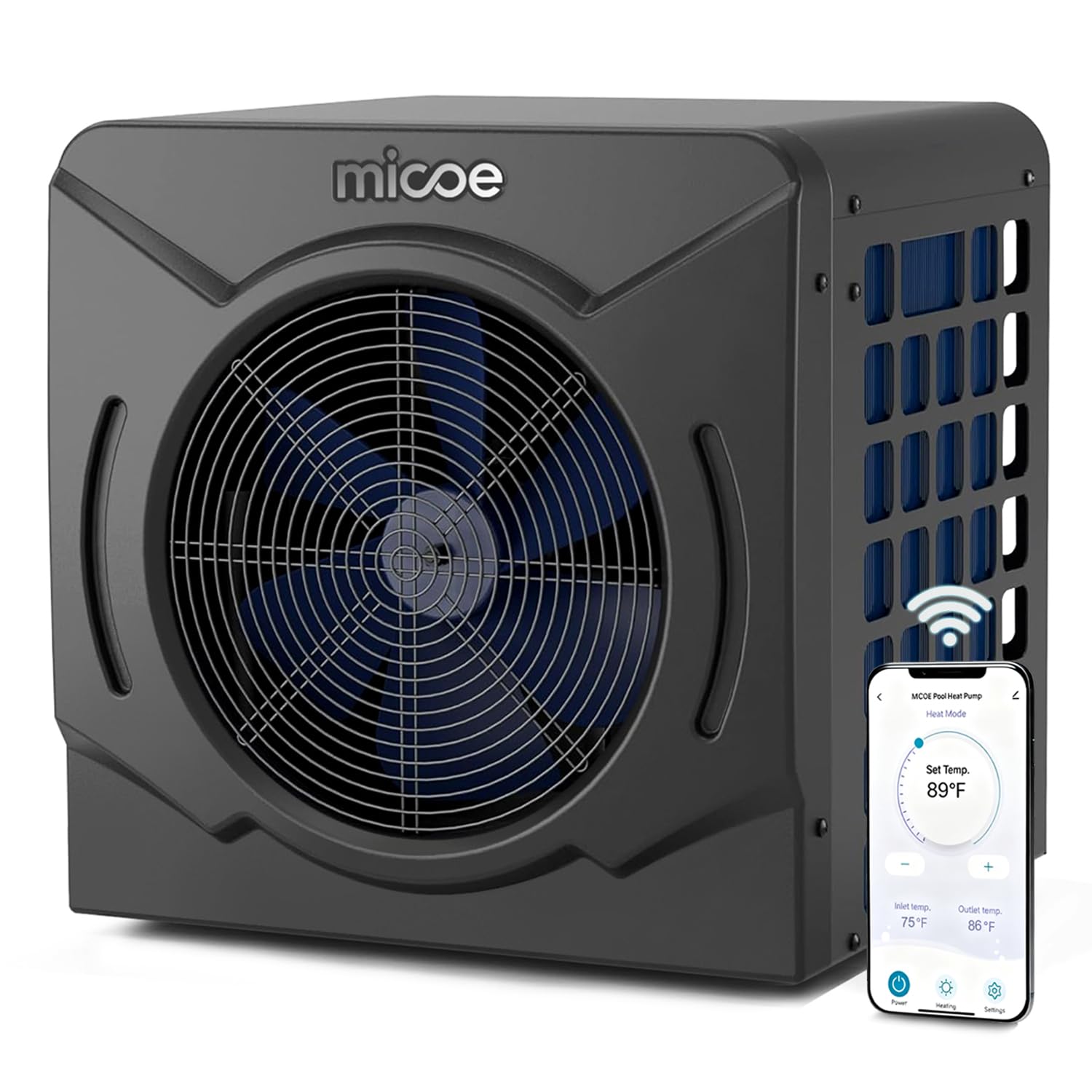 MICOE 18000 BTU Pool Heater next to an above-ground pool with two children and an adult swimming.