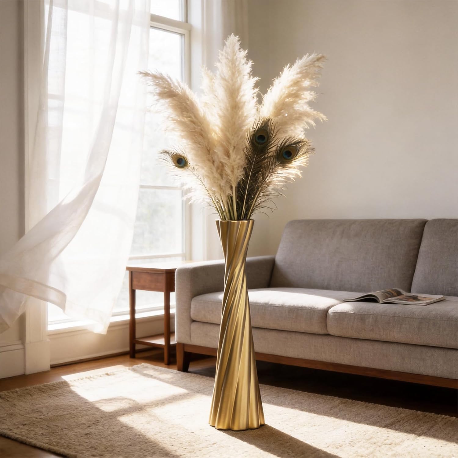 Tall Gold Floor Vase 23.6″ – Glossy Twisted Resin Decorative Floor Vase for Pampas Grass, Branches & Dried Flowers, Modern Farmhouse Indoor Home Decor