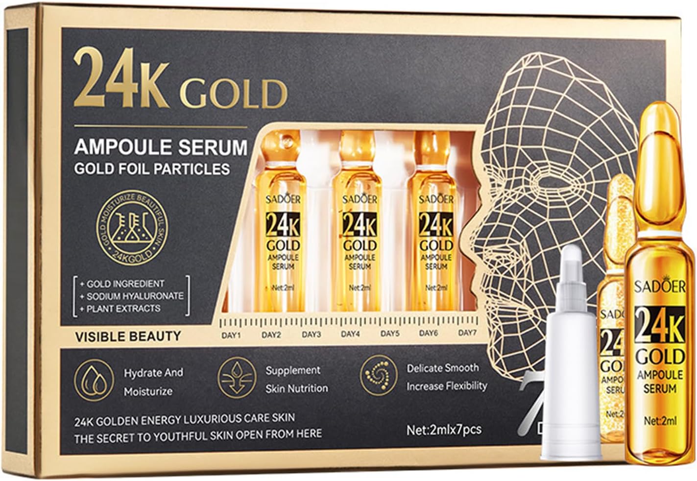 24K Serum, Niacinamide Serum Concentrated Ampoules for Face Serum, Collagen Booster for a Natural Face Lift, Anti-Aging Serum, Strengthen the Skin Barrier, Deep Hydrating, 7x2ml Ampoule Serum