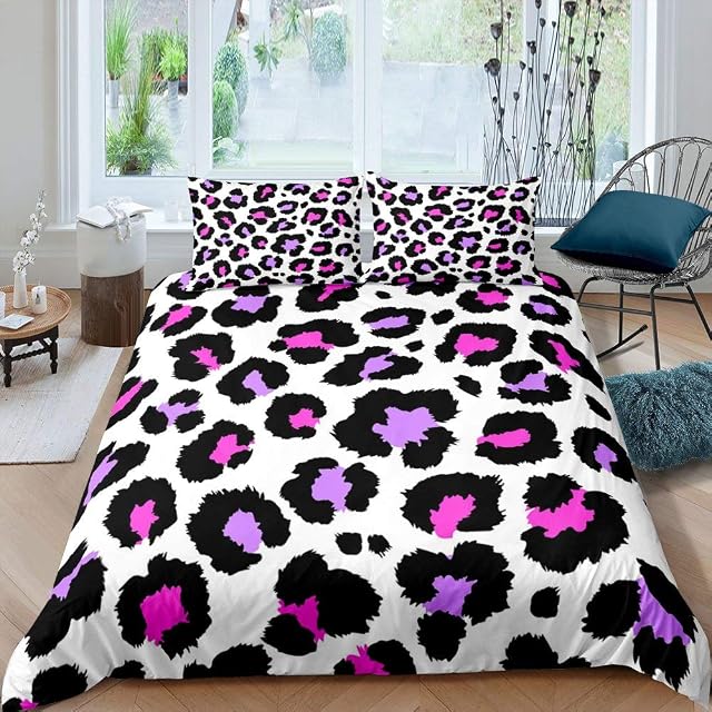 Leopard Duvet Cover Abstract Animal Cheetah Pattern Comforter Cover For Boys Girls Woman Man Color Leopard Print Bedding Set Purple Black White Quilt Cover And 1 Pillow Case Single Size