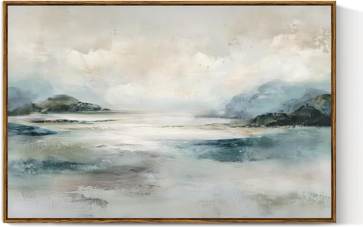 VIYYIEA Large Framed Canvas Wall Art, 24x36 Inch Abstract Coastal Landscape Art Print, Soft Blue and Green Neutral Ocean Wall Decor for Living Room Bedroom Home Office
